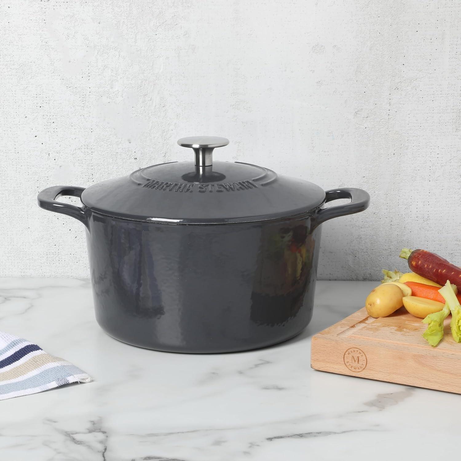imageMARTHA STEWART Gatwick 7Quart Enamel Cast Iron Dutch Oven Martha Blue Durable HeavyDuty Dutch Oven for Slow Cooking Braising amp BakingGray