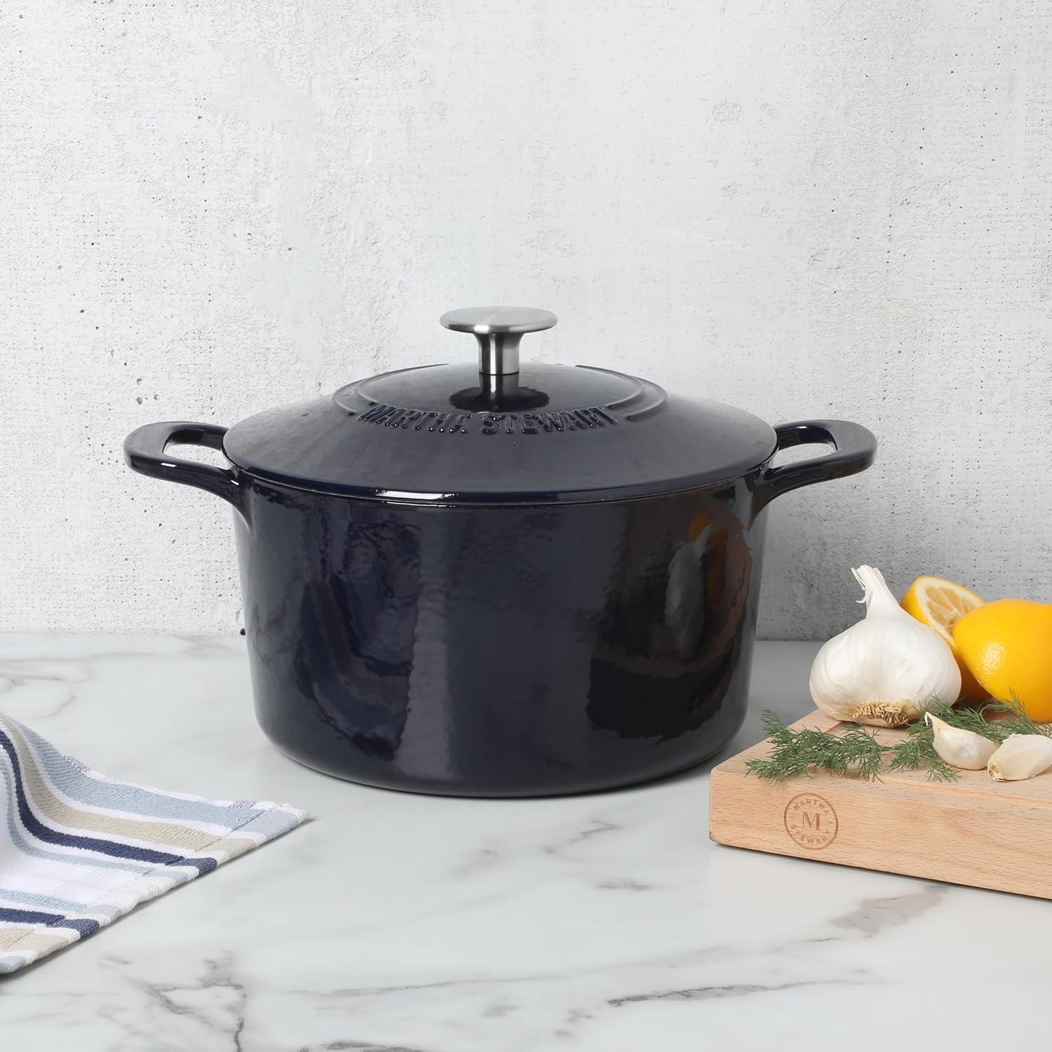 imageMARTHA STEWART Gatwick 7Quart Enamel Cast Iron Dutch Oven Martha Blue Durable HeavyDuty Dutch Oven for Slow Cooking Braising amp BakingNavy Blue