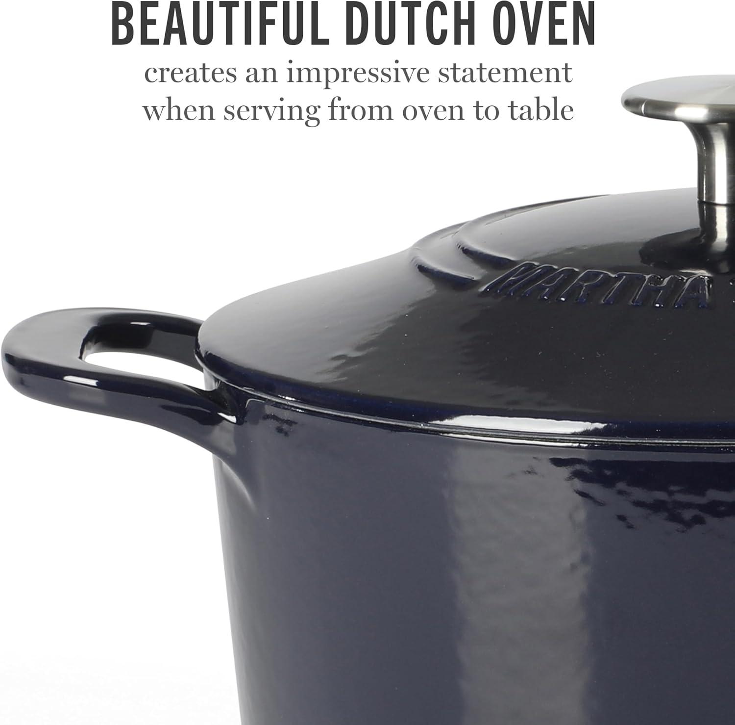 imageMARTHA STEWART Gatwick 7Quart Enamel Cast Iron Dutch Oven Martha Blue Durable HeavyDuty Dutch Oven for Slow Cooking Braising amp BakingNavy Blue