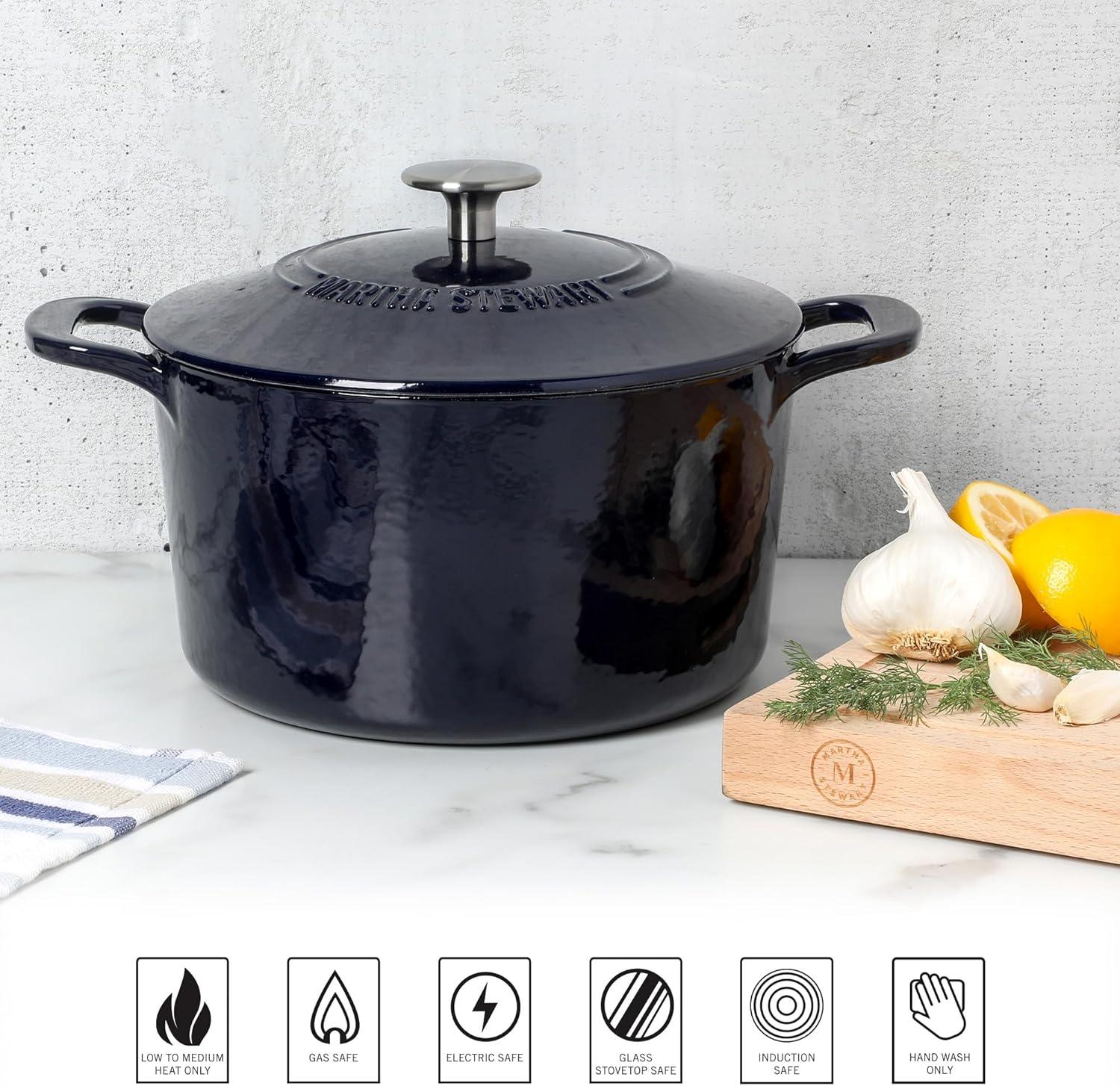 imageMARTHA STEWART Gatwick 7Quart Enamel Cast Iron Dutch Oven Martha Blue Durable HeavyDuty Dutch Oven for Slow Cooking Braising amp BakingNavy Blue