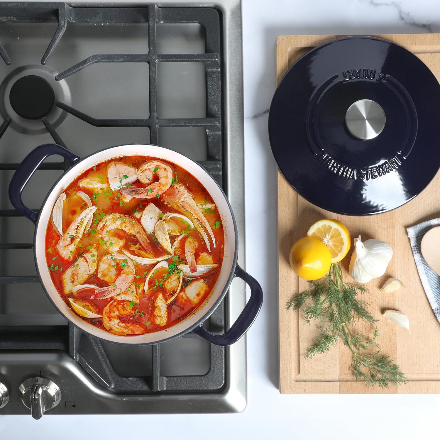 imageMARTHA STEWART Gatwick 7Quart Enamel Cast Iron Dutch Oven Martha Blue Durable HeavyDuty Dutch Oven for Slow Cooking Braising amp BakingNavy Blue