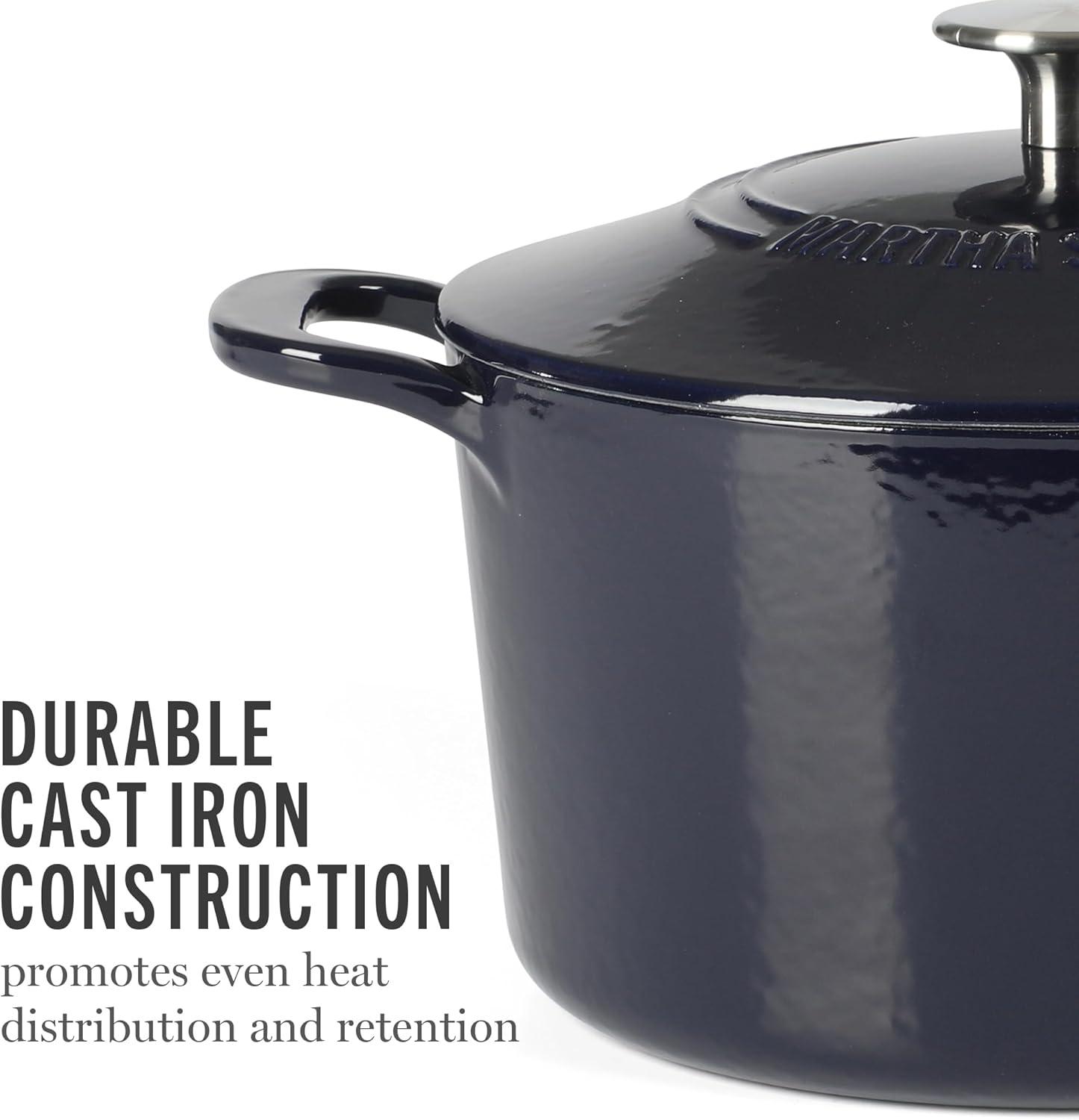 imageMARTHA STEWART Gatwick 7Quart Enamel Cast Iron Dutch Oven Martha Blue Durable HeavyDuty Dutch Oven for Slow Cooking Braising amp BakingNavy Blue
