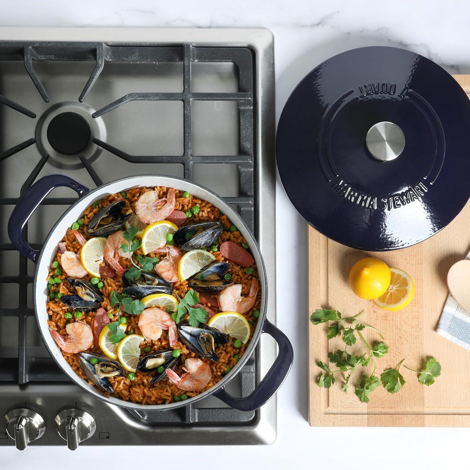 imageMARTHA STEWART Gatwick 7Quart Enamel Cast Iron Dutch Oven Martha Blue Durable HeavyDuty Dutch Oven for Slow Cooking Braising amp BakingNavy Blue