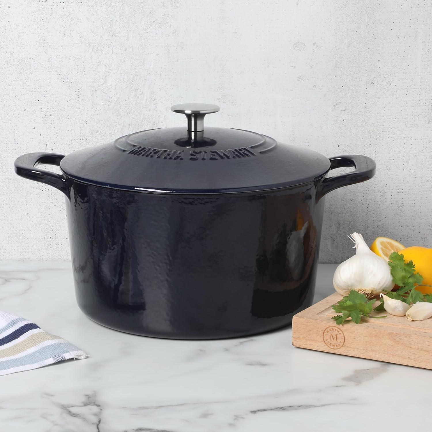 imageMARTHA STEWART Gatwick 7Quart Enamel Cast Iron Dutch Oven Martha Blue Durable HeavyDuty Dutch Oven for Slow Cooking Braising amp BakingNavy Blue