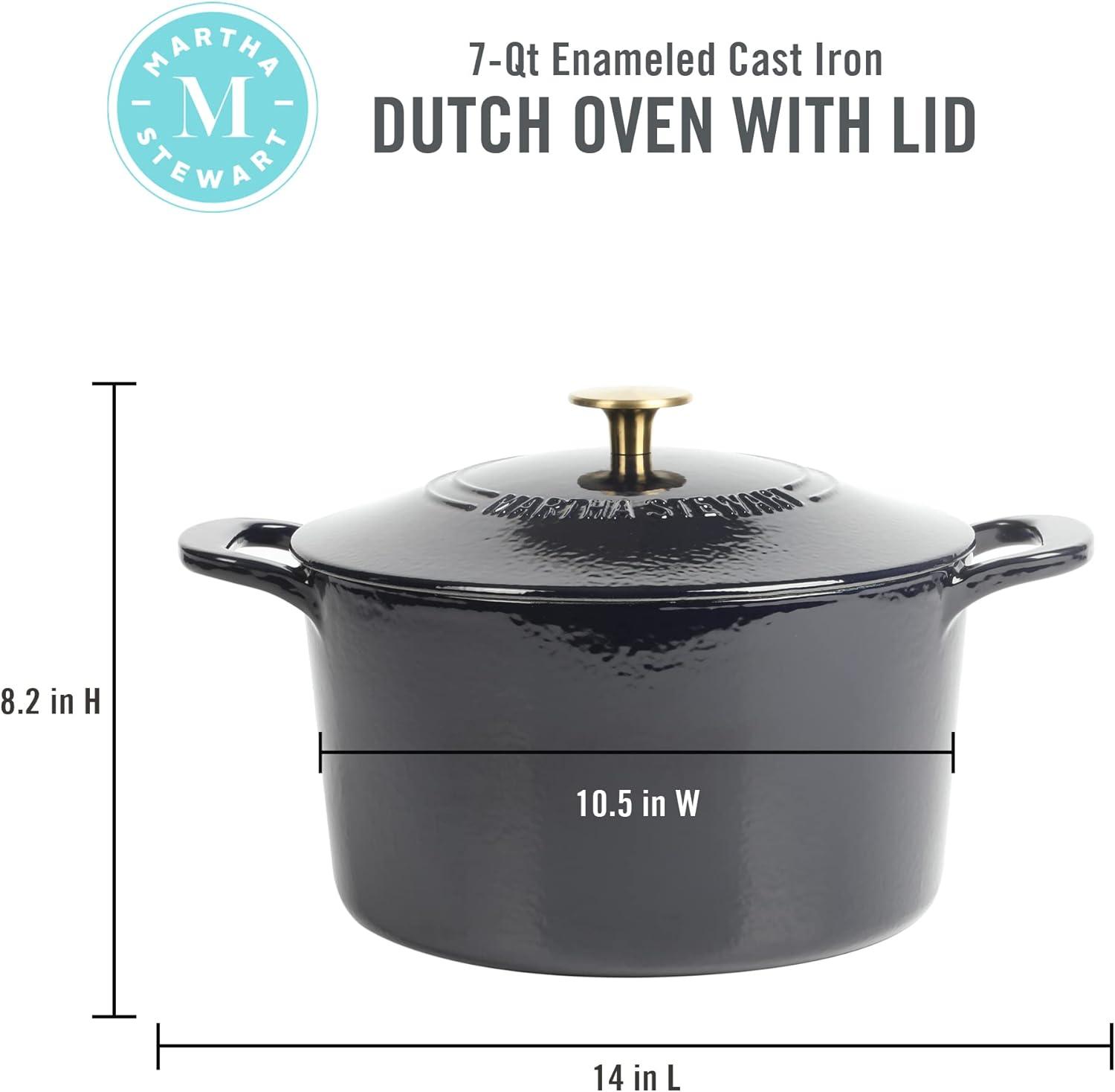 imageMARTHA STEWART Gatwick 7Quart Enamel Cast Iron Dutch Oven Martha Blue Durable HeavyDuty Dutch Oven for Slow Cooking Braising amp BakingNavy w Gold Knob