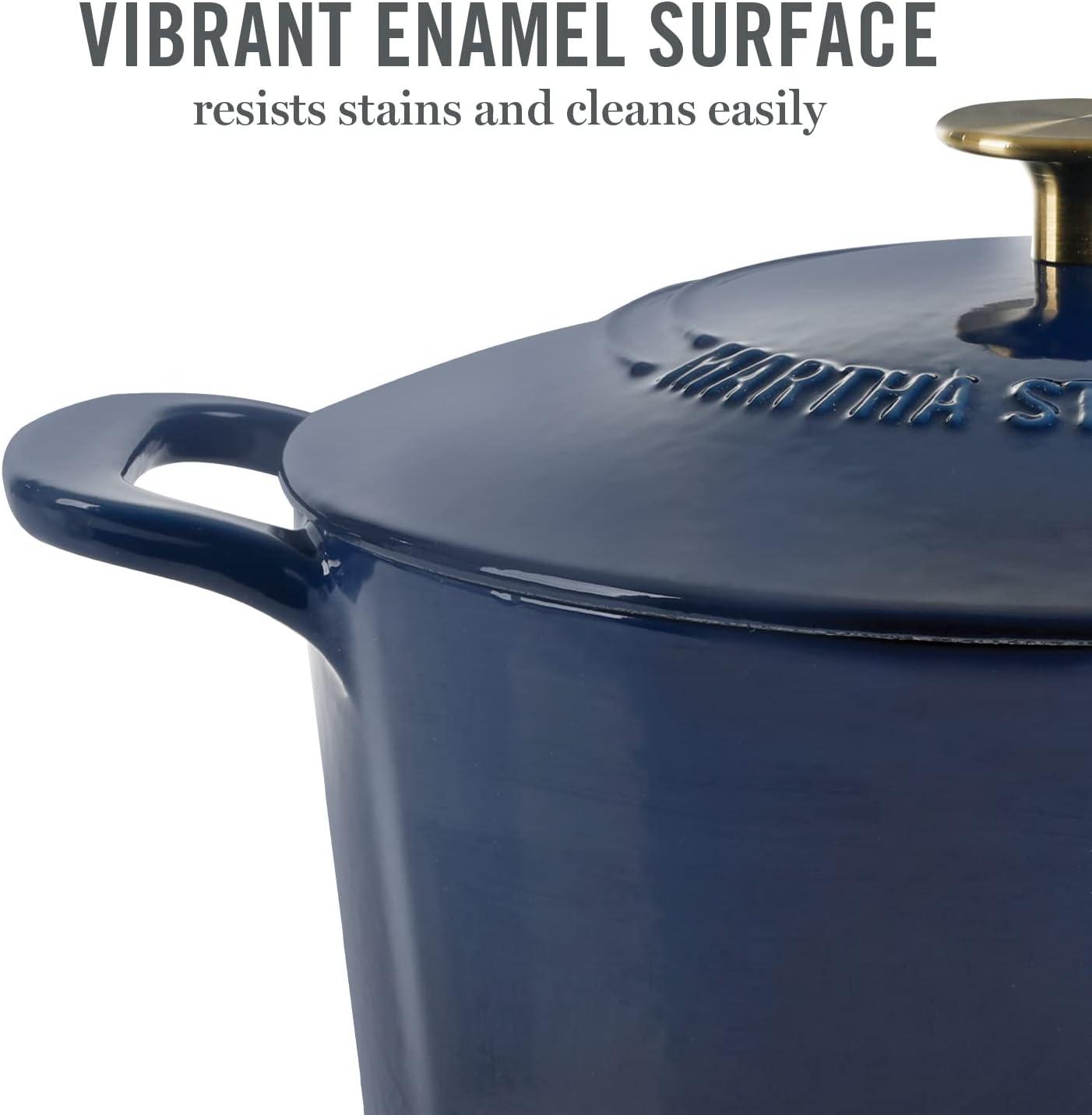 imageMARTHA STEWART Gatwick 7Quart Enamel Cast Iron Dutch Oven Martha Blue Durable HeavyDuty Dutch Oven for Slow Cooking Braising amp BakingNavy w Gold Knob