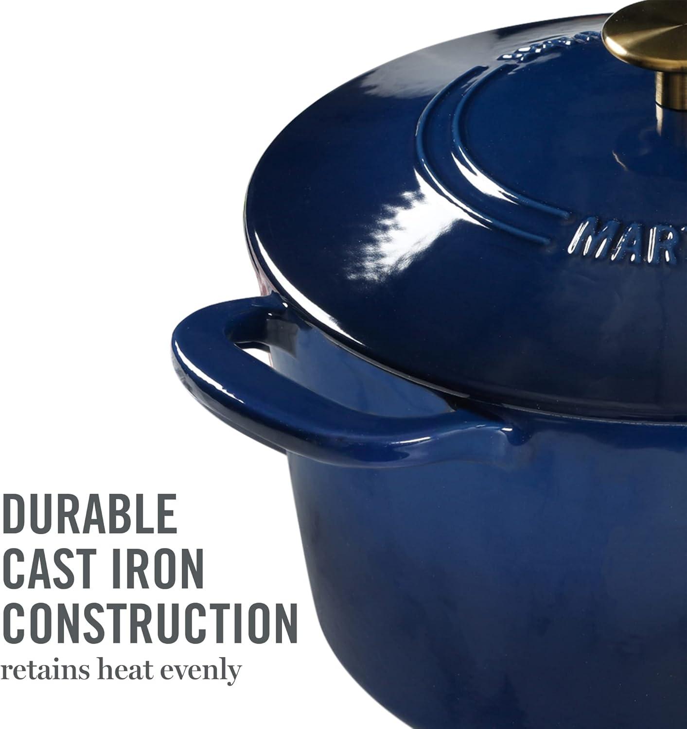 imageMARTHA STEWART Gatwick 7Quart Enamel Cast Iron Dutch Oven Martha Blue Durable HeavyDuty Dutch Oven for Slow Cooking Braising amp BakingNavy w Gold Knob