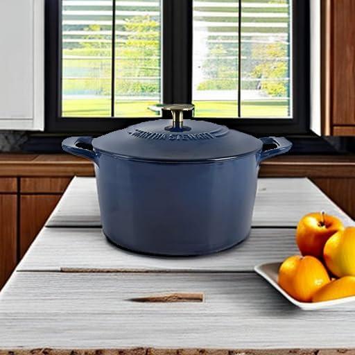 imageMARTHA STEWART Gatwick 7Quart Enamel Cast Iron Dutch Oven Martha Blue Durable HeavyDuty Dutch Oven for Slow Cooking Braising amp BakingNavy w Gold Knob