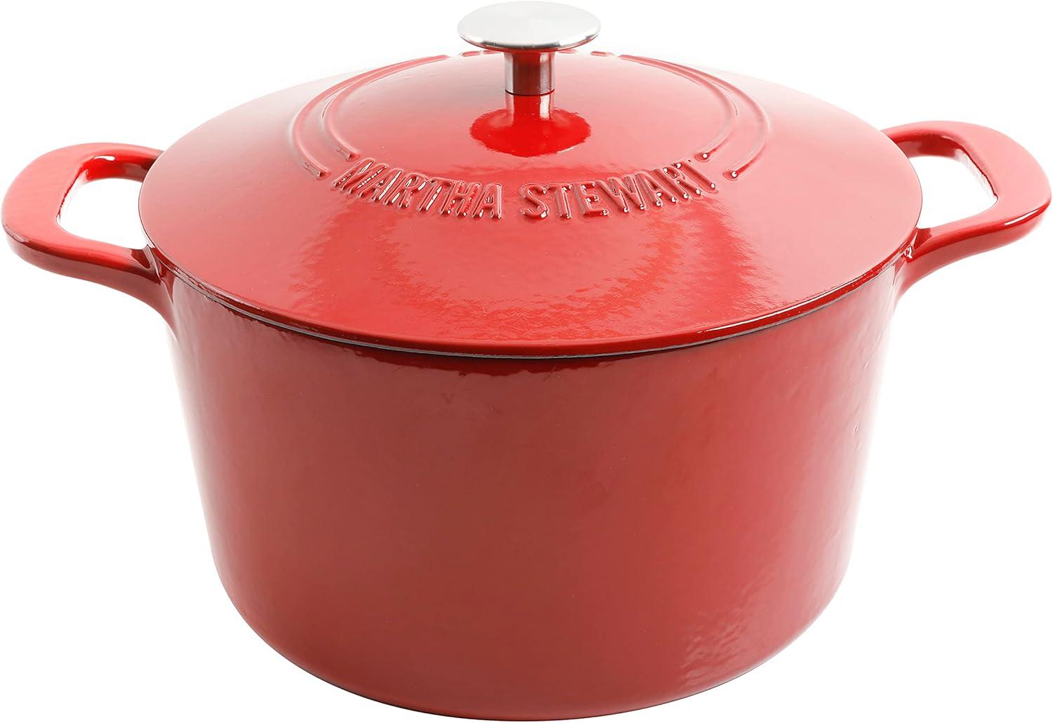 imageMARTHA STEWART Gatwick 7Quart Enamel Cast Iron Dutch Oven Martha Blue Durable HeavyDuty Dutch Oven for Slow Cooking Braising amp BakingRed