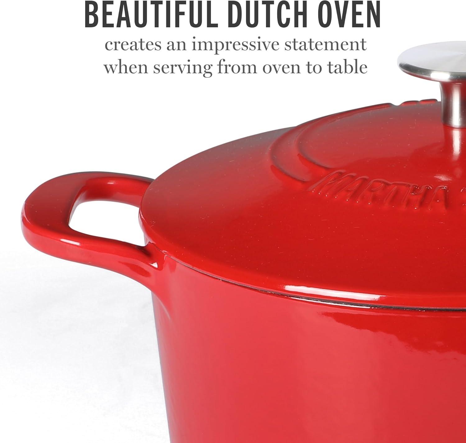 imageMARTHA STEWART Gatwick 7Quart Enamel Cast Iron Dutch Oven Martha Blue Durable HeavyDuty Dutch Oven for Slow Cooking Braising amp BakingRed