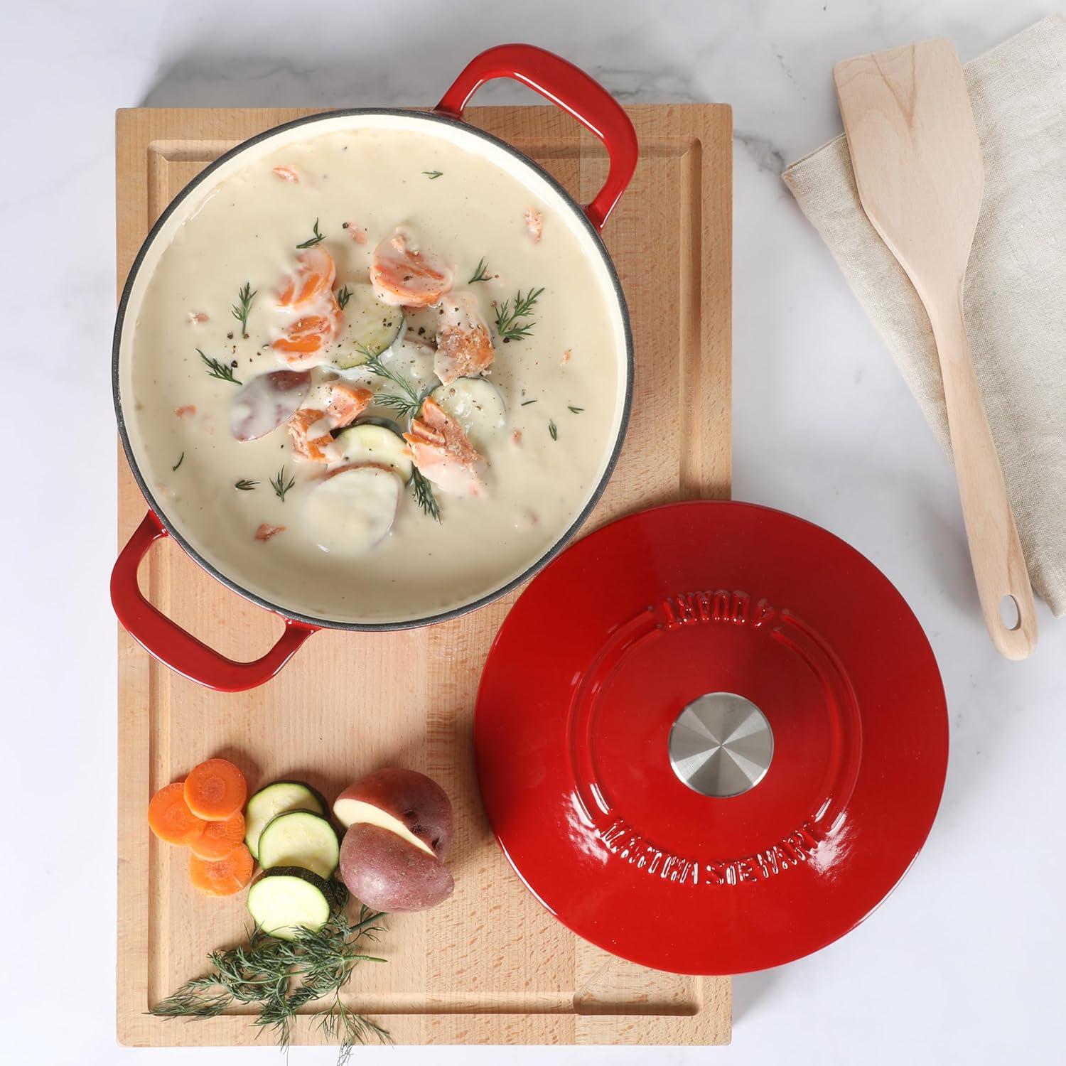 imageMARTHA STEWART Gatwick 7Quart Enamel Cast Iron Dutch Oven Martha Blue Durable HeavyDuty Dutch Oven for Slow Cooking Braising amp BakingRed