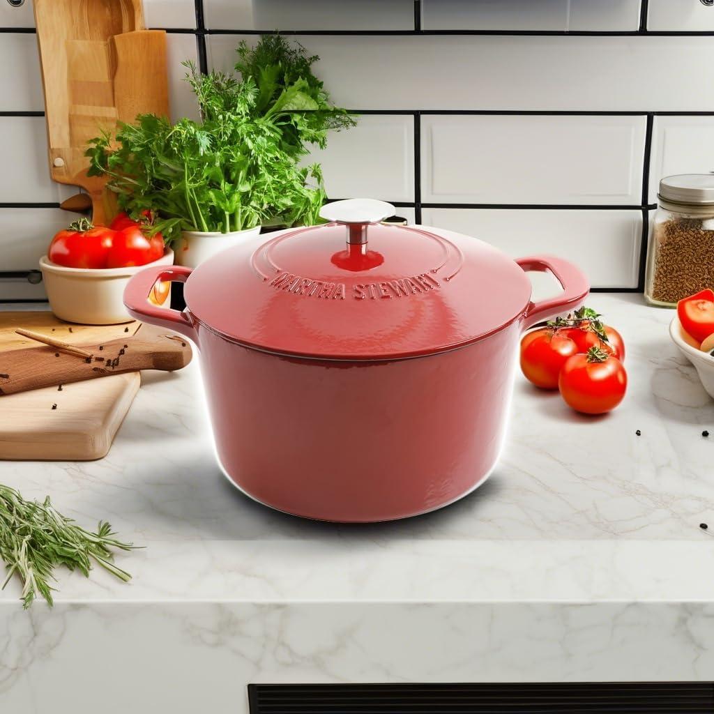 imageMARTHA STEWART Gatwick 7Quart Enamel Cast Iron Dutch Oven Martha Blue Durable HeavyDuty Dutch Oven for Slow Cooking Braising amp BakingRed