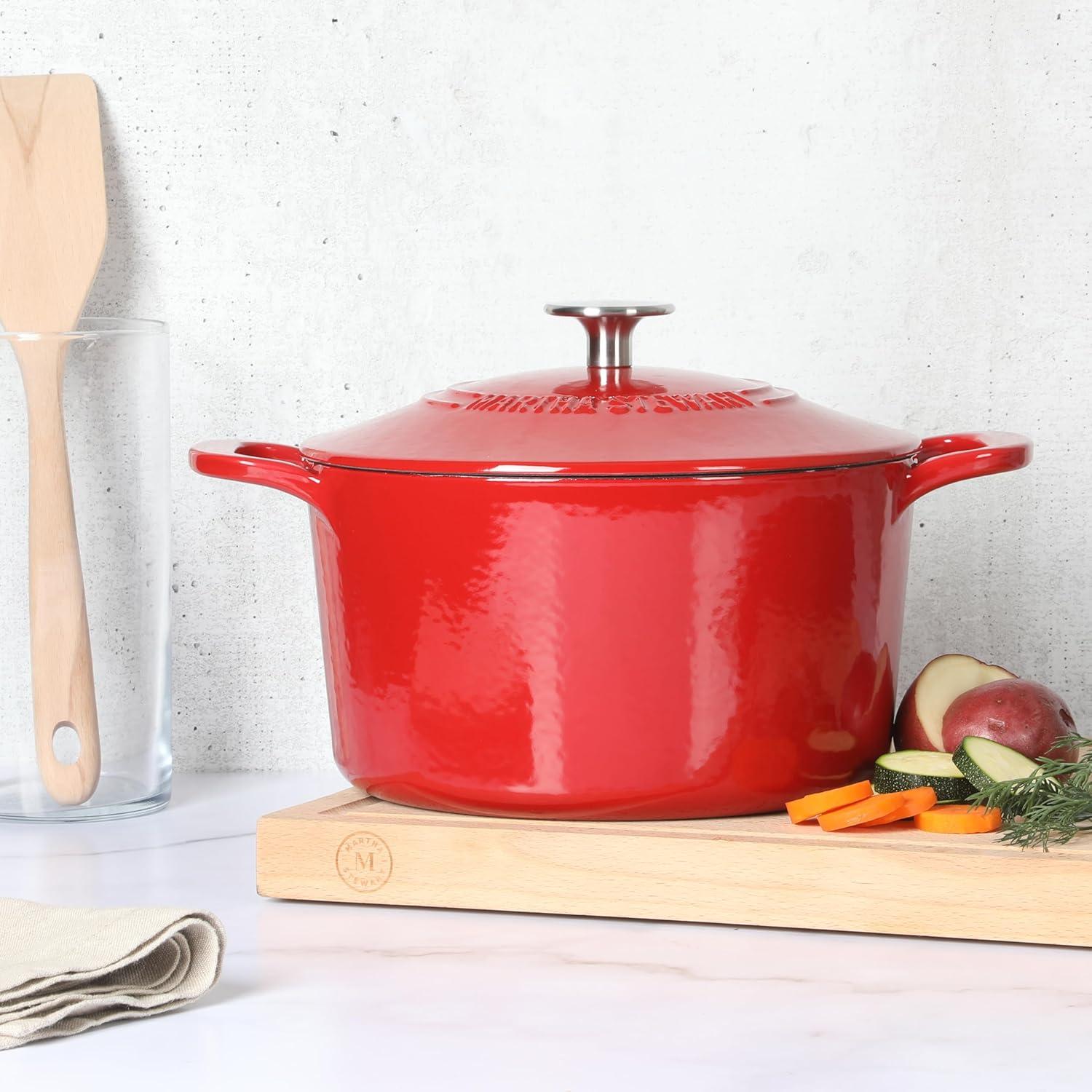 imageMARTHA STEWART Gatwick 7Quart Enamel Cast Iron Dutch Oven Martha Blue Durable HeavyDuty Dutch Oven for Slow Cooking Braising amp BakingRed