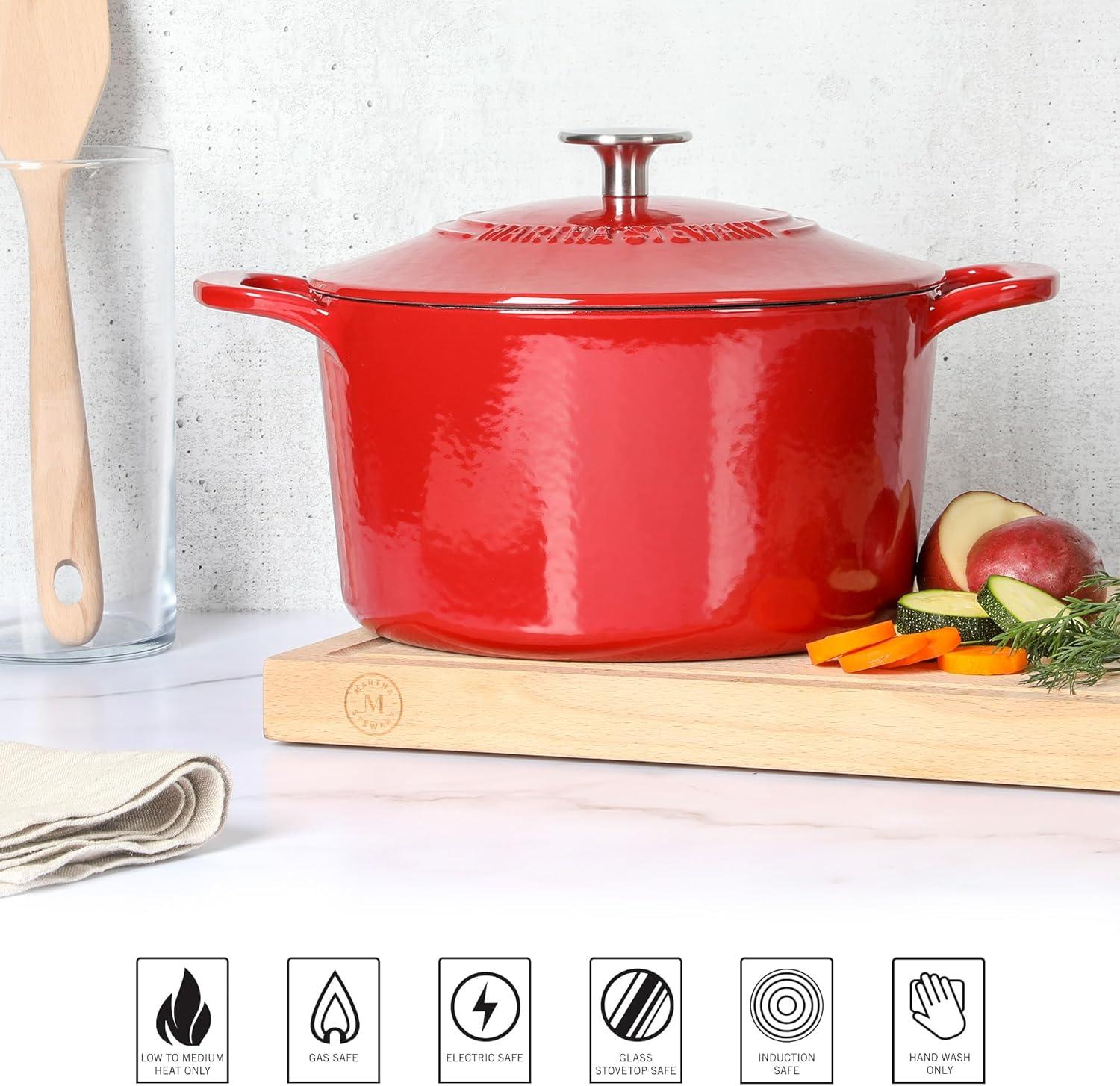 imageMARTHA STEWART Gatwick 7Quart Enamel Cast Iron Dutch Oven Martha Blue Durable HeavyDuty Dutch Oven for Slow Cooking Braising amp BakingRed