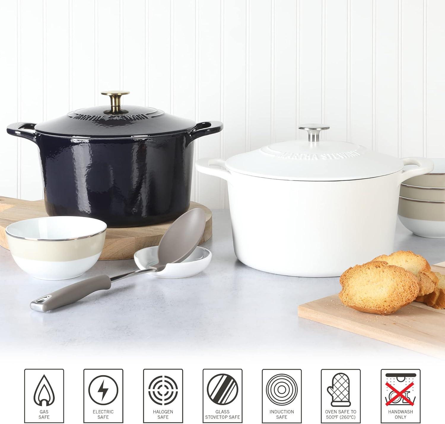 imageMARTHA STEWART Gatwick 7Quart Enamel Cast Iron Dutch Oven Martha Blue Durable HeavyDuty Dutch Oven for Slow Cooking Braising amp BakingWhite Matte