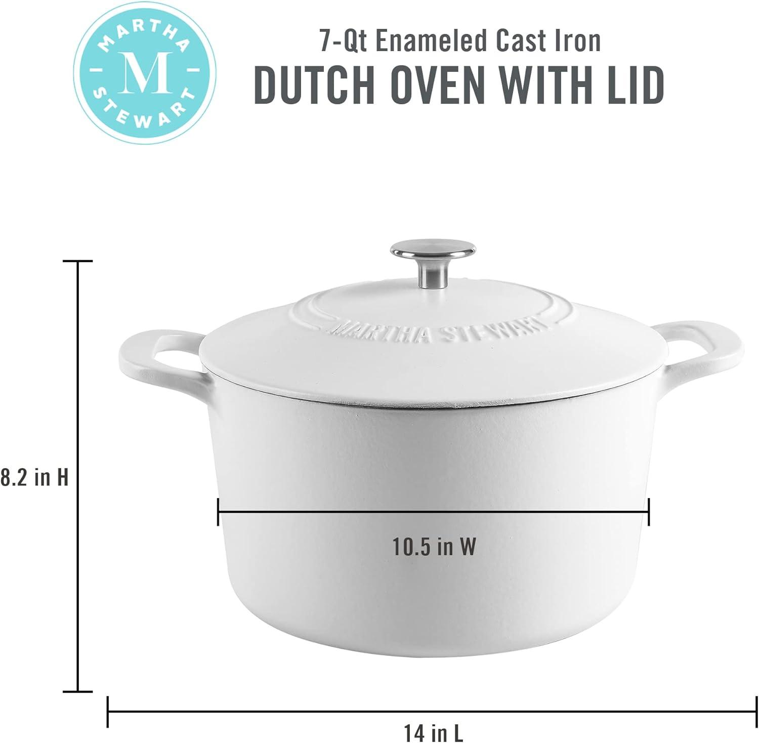imageMARTHA STEWART Gatwick 7Quart Enamel Cast Iron Dutch Oven Martha Blue Durable HeavyDuty Dutch Oven for Slow Cooking Braising amp BakingWhite Matte