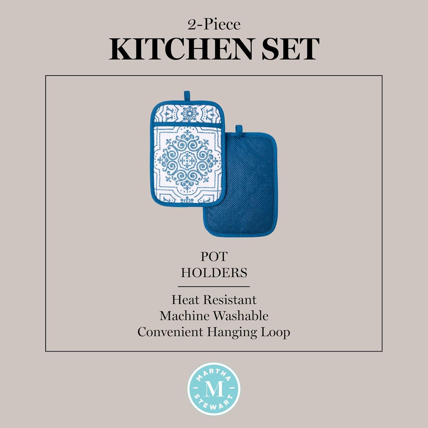 imageMARTHA STEWART Strie Medallion Pot Holder 2Pack Set Heat Resistant NonSlip Silicone Grip Navy Blue 7x10