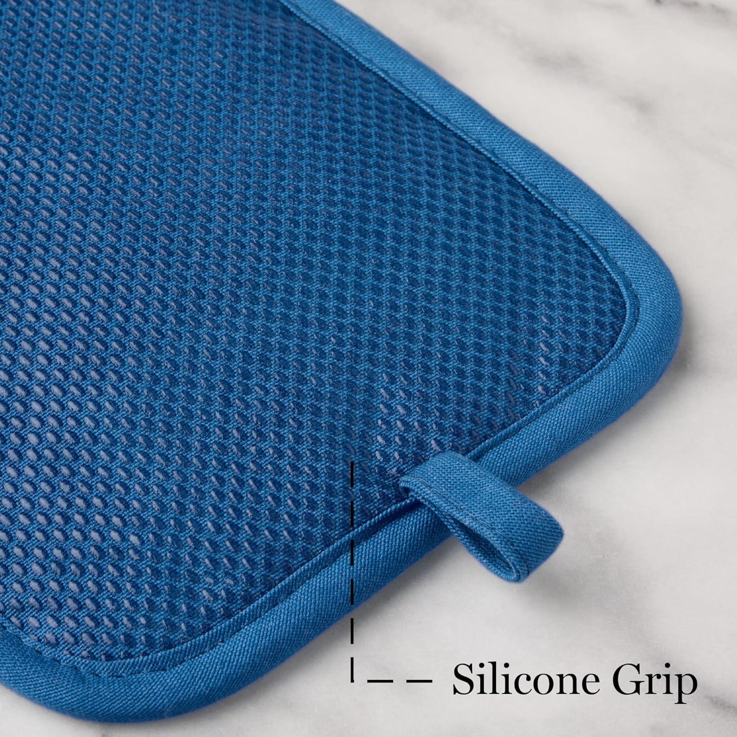 imageMARTHA STEWART Strie Medallion Pot Holder 2Pack Set Heat Resistant NonSlip Silicone Grip Navy Blue 7x10