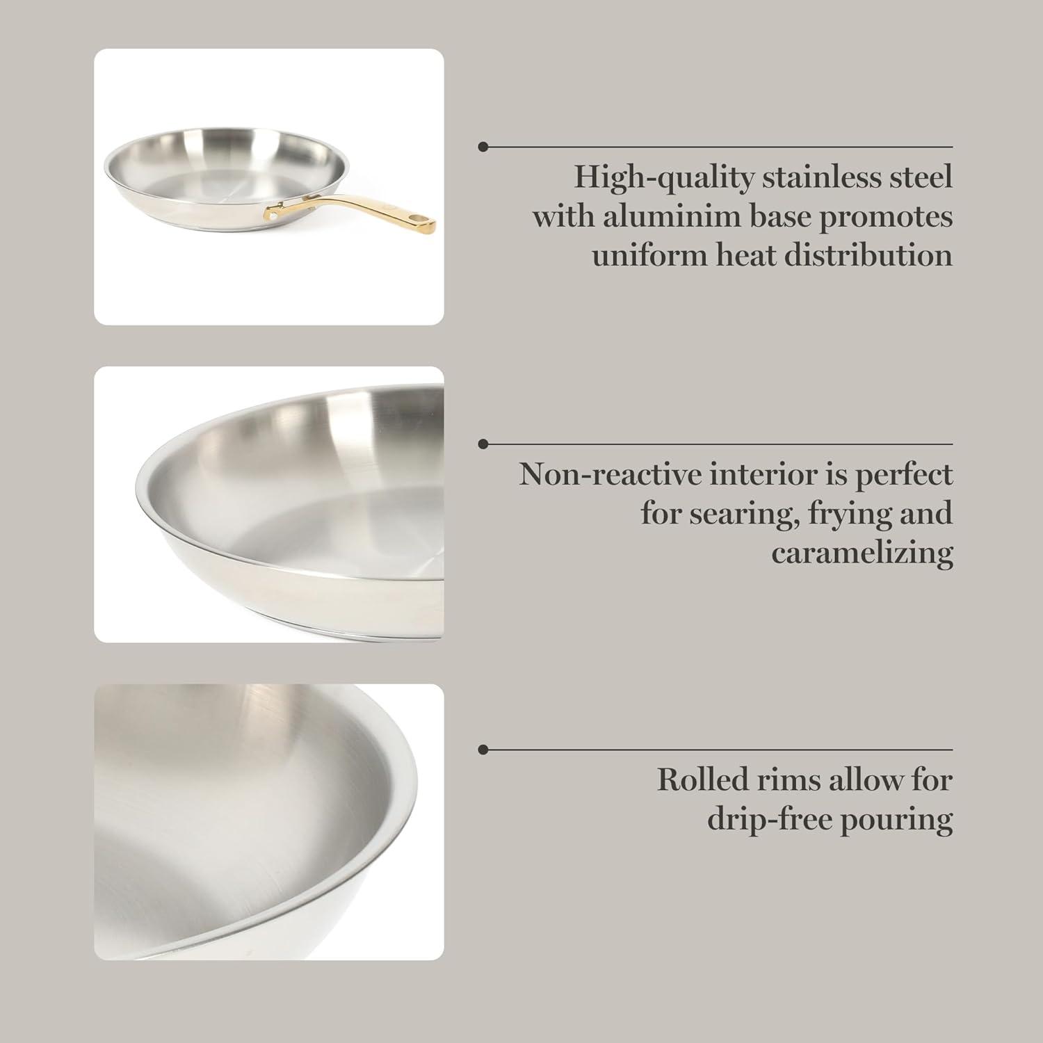 imageMartha Stewart Castelle 10 Piece 188 Durable Stainless Steel Induction Safe NonToxic Triply Bottom Kitchen Pots and Pans Cookware Set Dishwasher SafeStainless Steel W Gold Handle