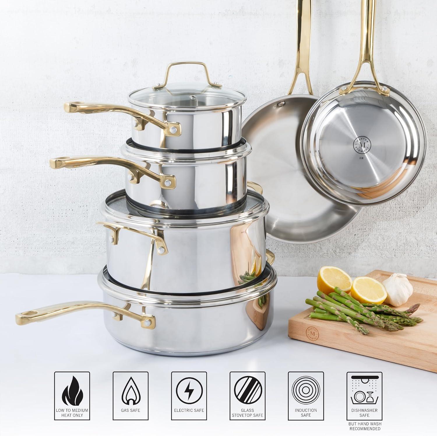 imageMartha Stewart Castelle 10 Piece 188 Durable Stainless Steel Induction Safe NonToxic Triply Bottom Kitchen Pots and Pans Cookware Set Dishwasher SafeStainless Steel W Gold Handle