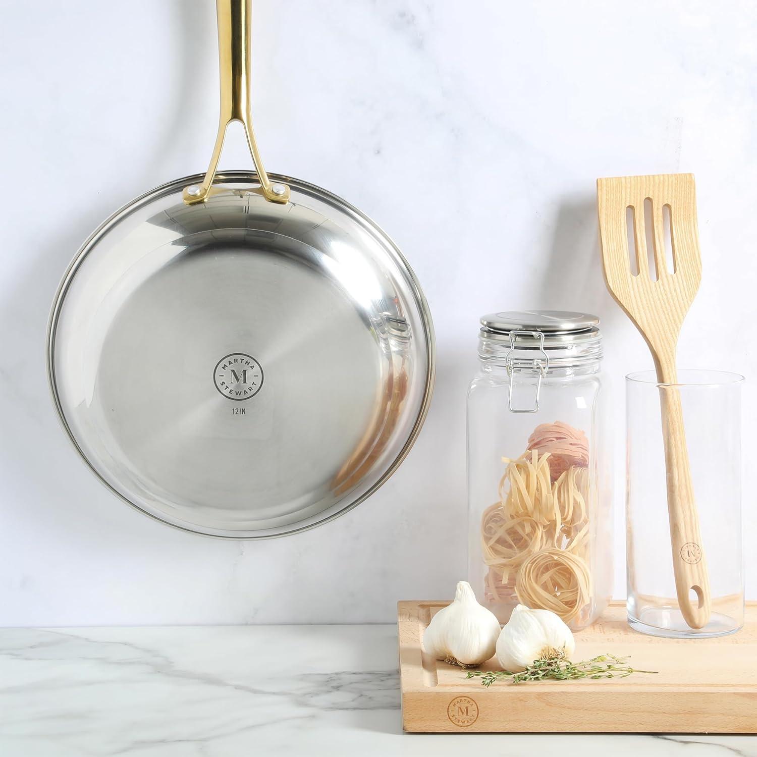 imageMartha Stewart Castelle 10 Piece 188 Durable Stainless Steel Induction Safe NonToxic Triply Bottom Kitchen Pots and Pans Cookware Set Dishwasher SafeStainless Steel W Gold Handle