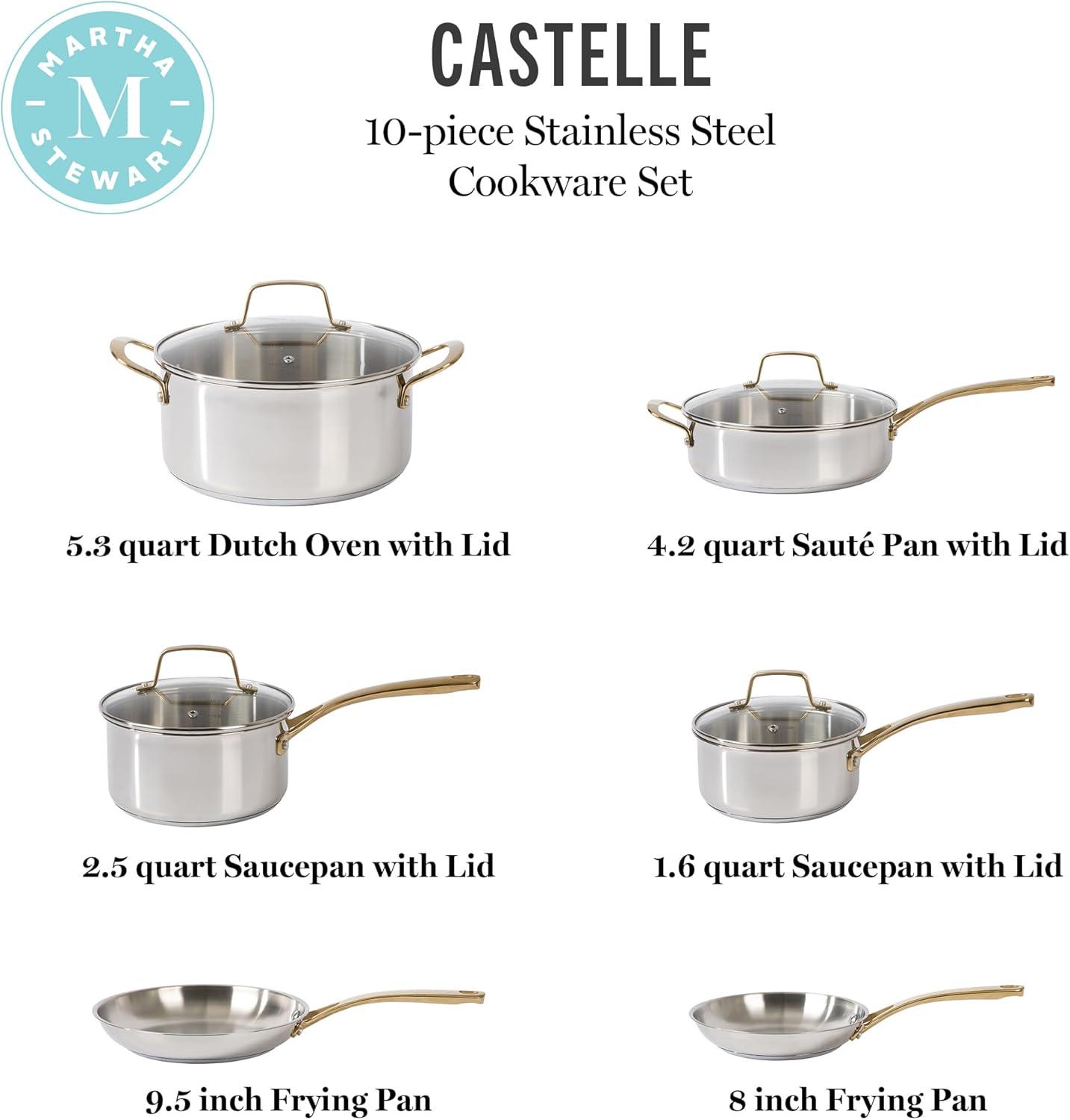 imageMartha Stewart Castelle 10 Piece 188 Durable Stainless Steel Induction Safe NonToxic Triply Bottom Kitchen Pots and Pans Cookware Set Dishwasher SafeStainless Steel W Gold Handle