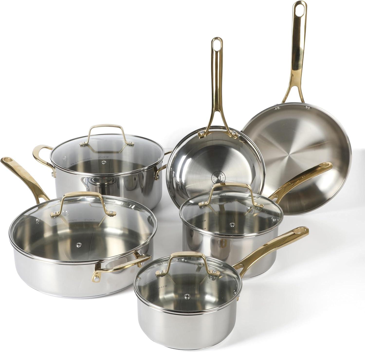 imageMartha Stewart Castelle 10 Piece 188 Durable Stainless Steel Induction Safe NonToxic Triply Bottom Kitchen Pots and Pans Cookware Set Dishwasher SafeStainless Steel W Gold Handle