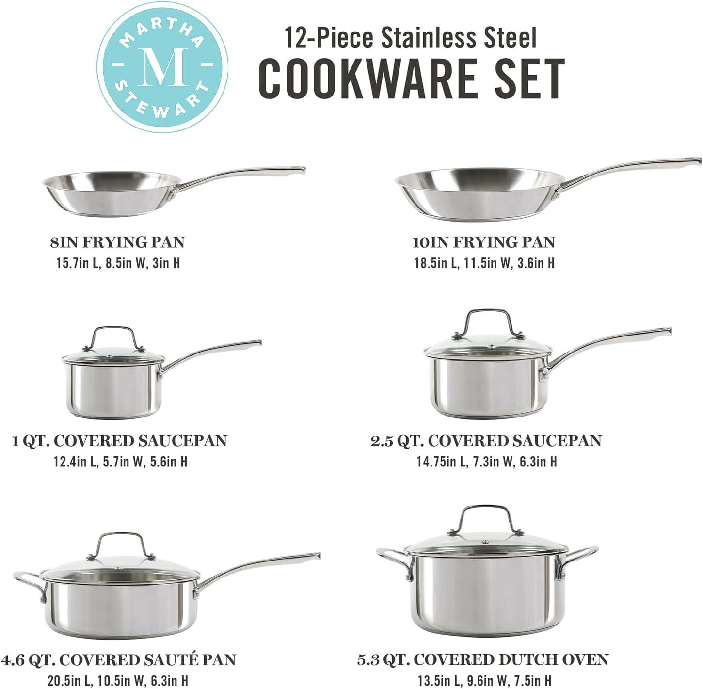 imageMartha Stewart Castelle 10 Piece 188 Durable Stainless Steel Induction Safe NonToxic Triply Bottom Kitchen Pots and Pans Cookware Set Dishwasher SafeStainless Steel