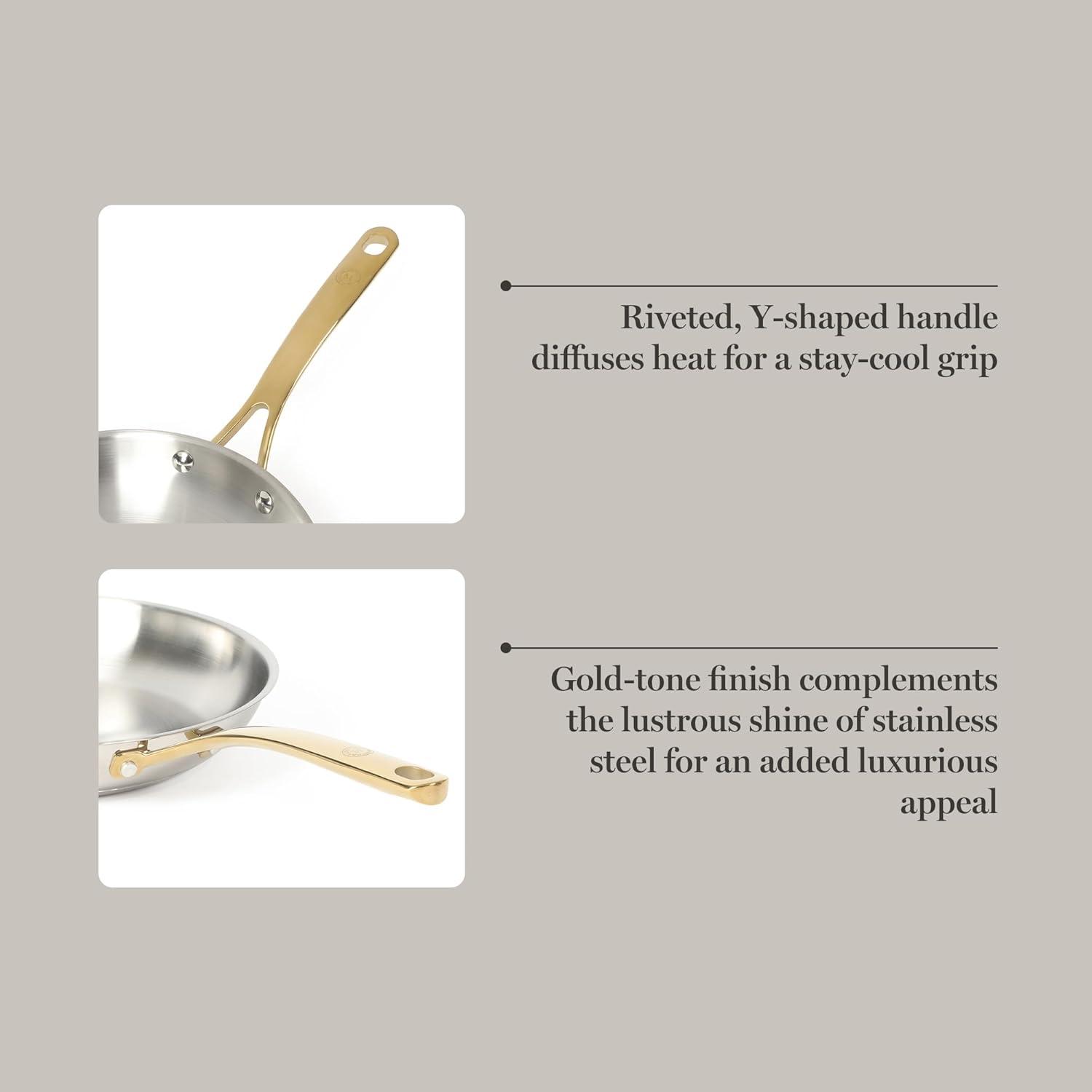 imageMartha Stewart Castelle 10 Piece 188 Durable Stainless Steel Induction Safe NonToxic Triply Bottom Kitchen Pots and Pans Cookware Set Dishwasher SafeStainless Steel W Gold Handle