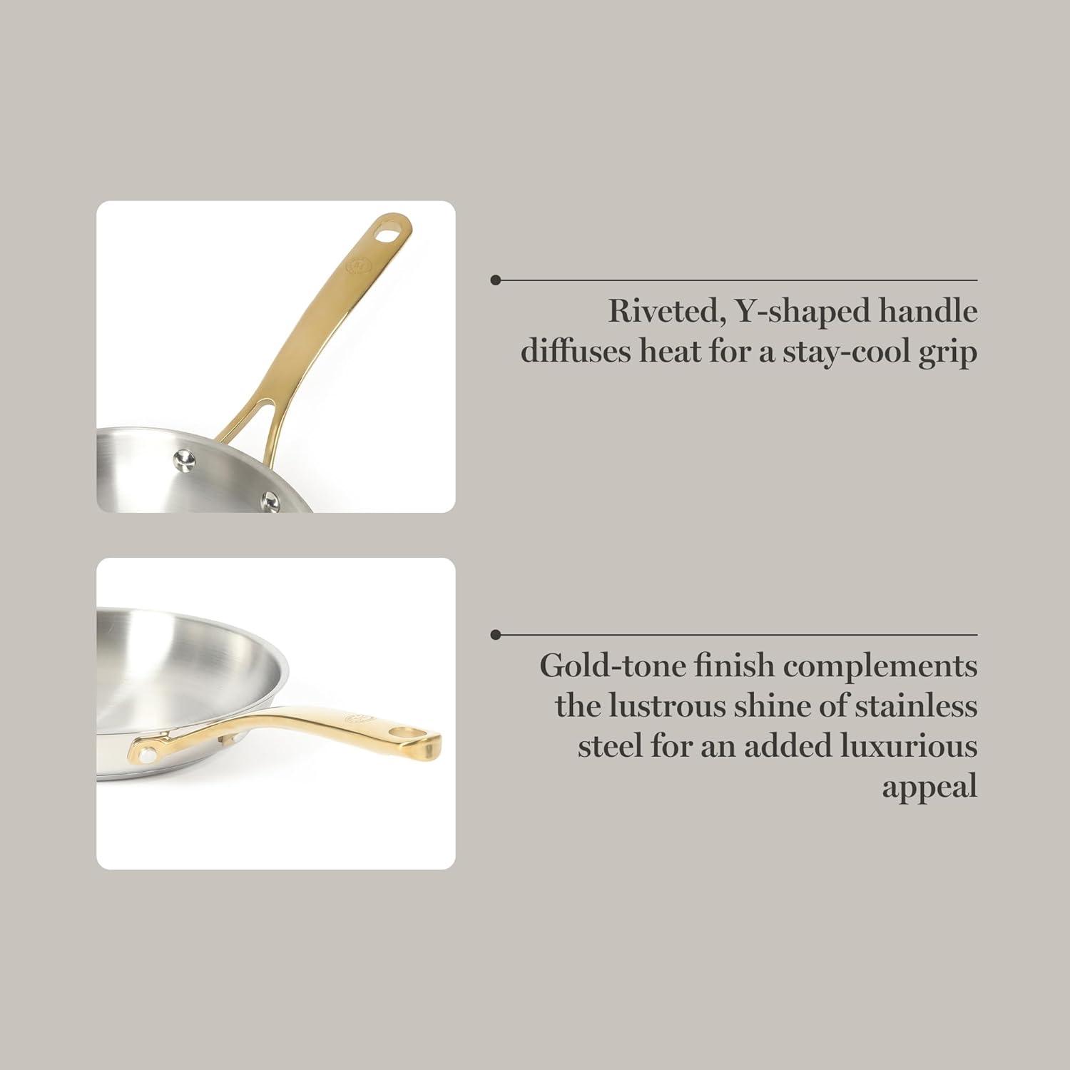 imageMartha Stewart Castelle 10 Piece 188 Durable Stainless Steel Induction Safe NonToxic Triply Bottom Kitchen Pots and Pans Cookware Set Dishwasher SafeStainless Steel W Gold Handle