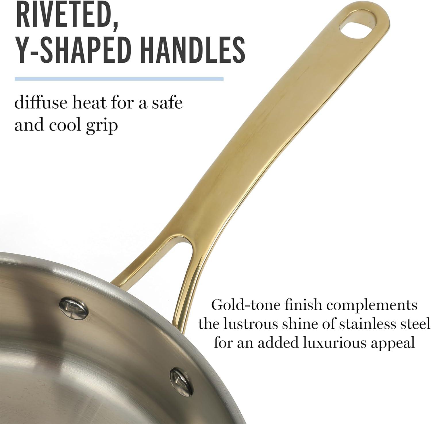 imageMartha Stewart Castelle 10 Piece 188 Durable Stainless Steel Induction Safe NonToxic Triply Bottom Kitchen Pots and Pans Cookware Set Dishwasher SafeStainless Steel W Gold Handle