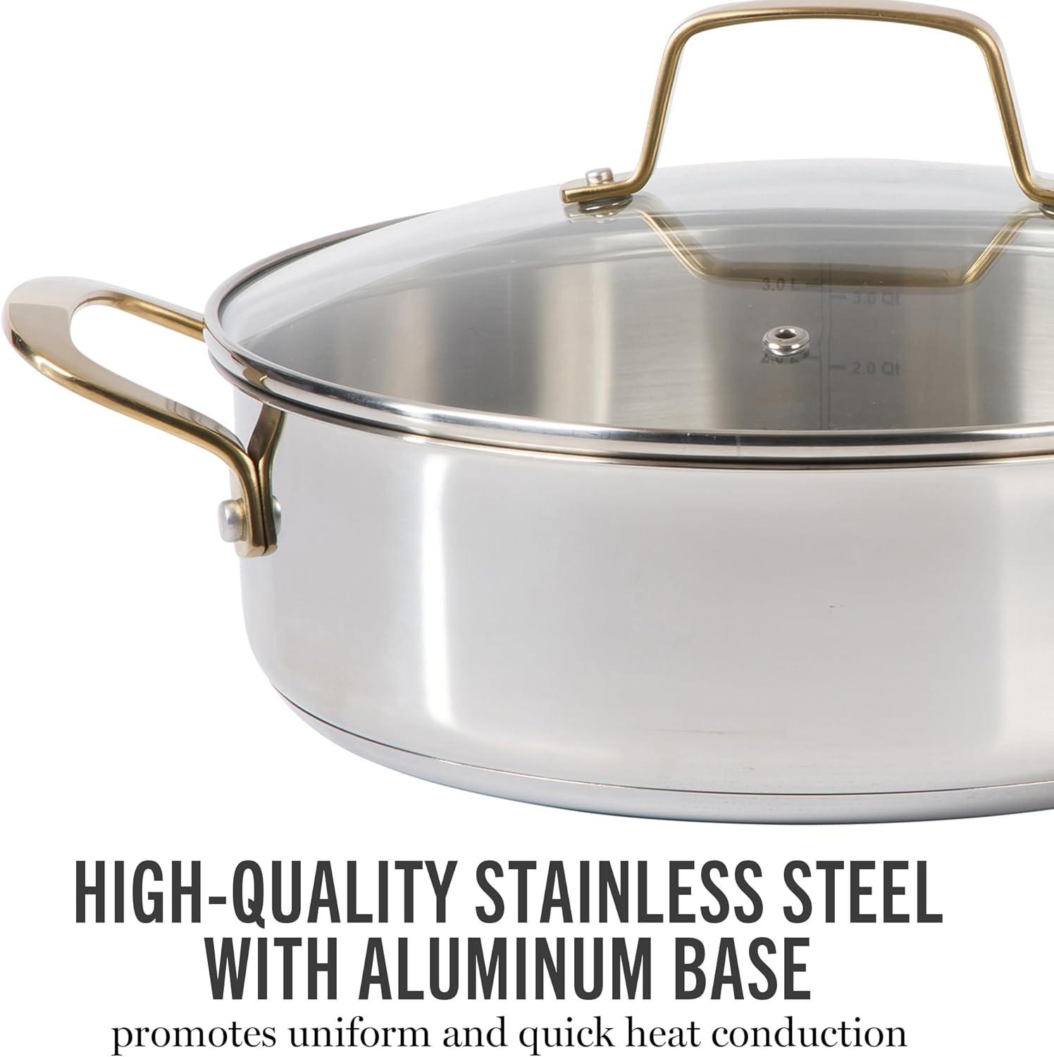 imageMartha Stewart Castelle 10 Piece 188 Durable Stainless Steel Induction Safe NonToxic Triply Bottom Kitchen Pots and Pans Cookware Set Dishwasher SafeStainless Steel W Gold Handle