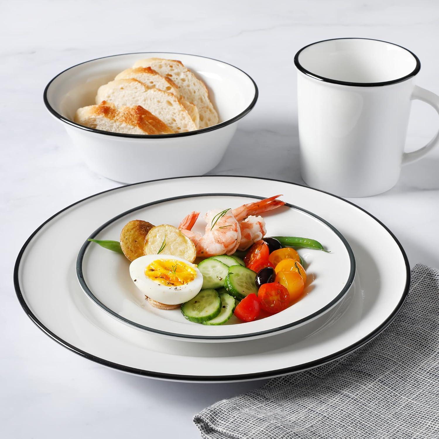 imageMartha Stewart Cliffield 16Piece Porcelain Chip and Scratch Resistant Dinnerware Set White wBlack RimWhite w Black Rim