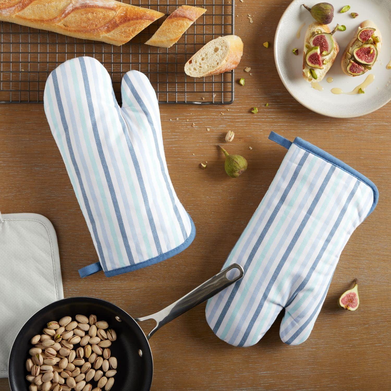 imageMartha Stewart Daisy Stripe Oven Mitt Set 2Pack BeigeBrown 7x13Blue