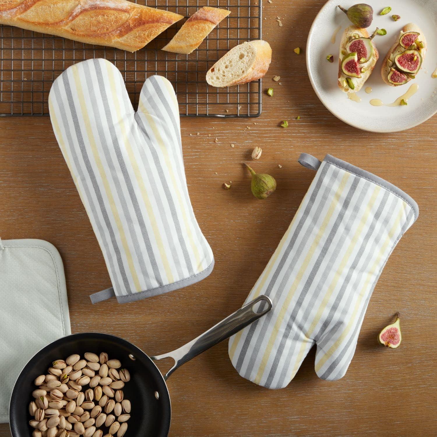 imageMartha Stewart Daisy Stripe Oven Mitt Set 2Pack BeigeBrown 7x13GreyYellow