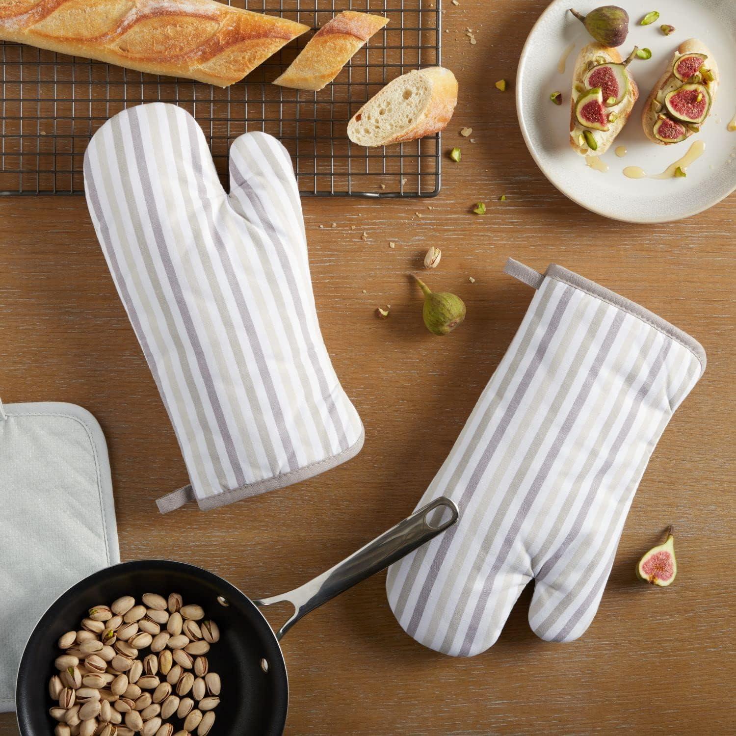 imageMartha Stewart Daisy Stripe Oven Mitt Set 2Pack BeigeBrown 7x13Linen