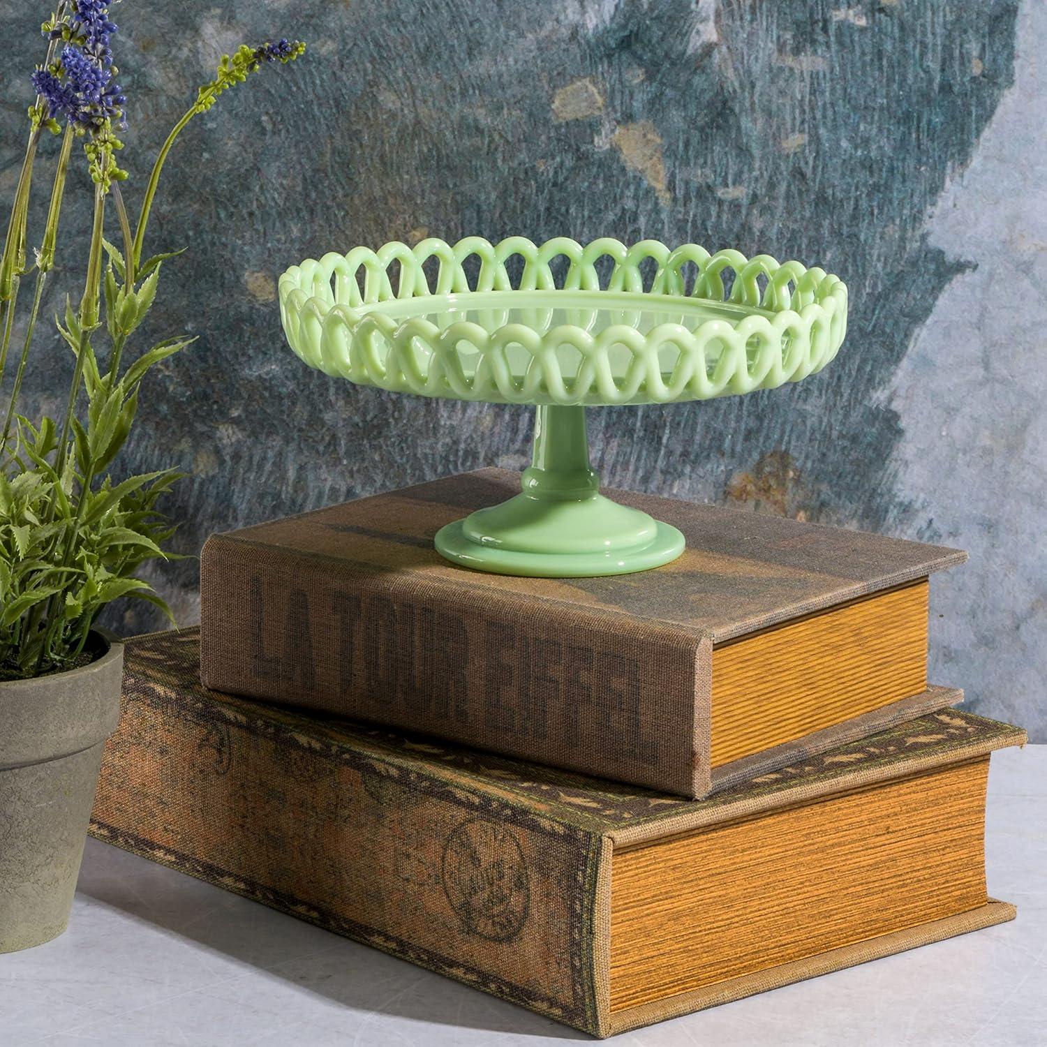imageMartha Stewart Highbrook 10Inch Jadeite Cake Stand with Glass Dome VintageStyle Pedestal Dessert Plate for Cakes and Pastries Decorative Covered Serving PlatterGreen 85
