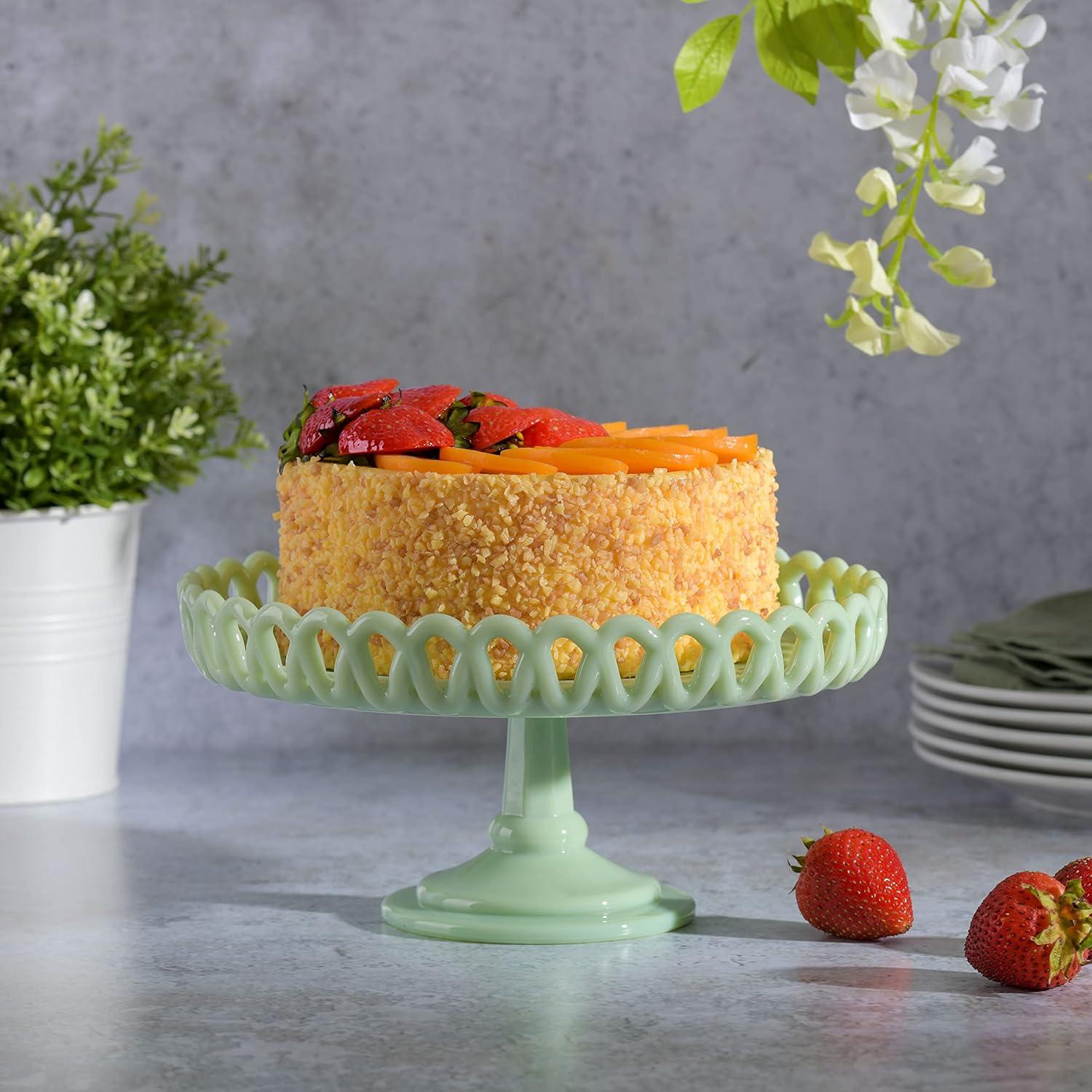 imageMartha Stewart Highbrook 10Inch Jadeite Cake Stand with Glass Dome VintageStyle Pedestal Dessert Plate for Cakes and Pastries Decorative Covered Serving PlatterGreen 85