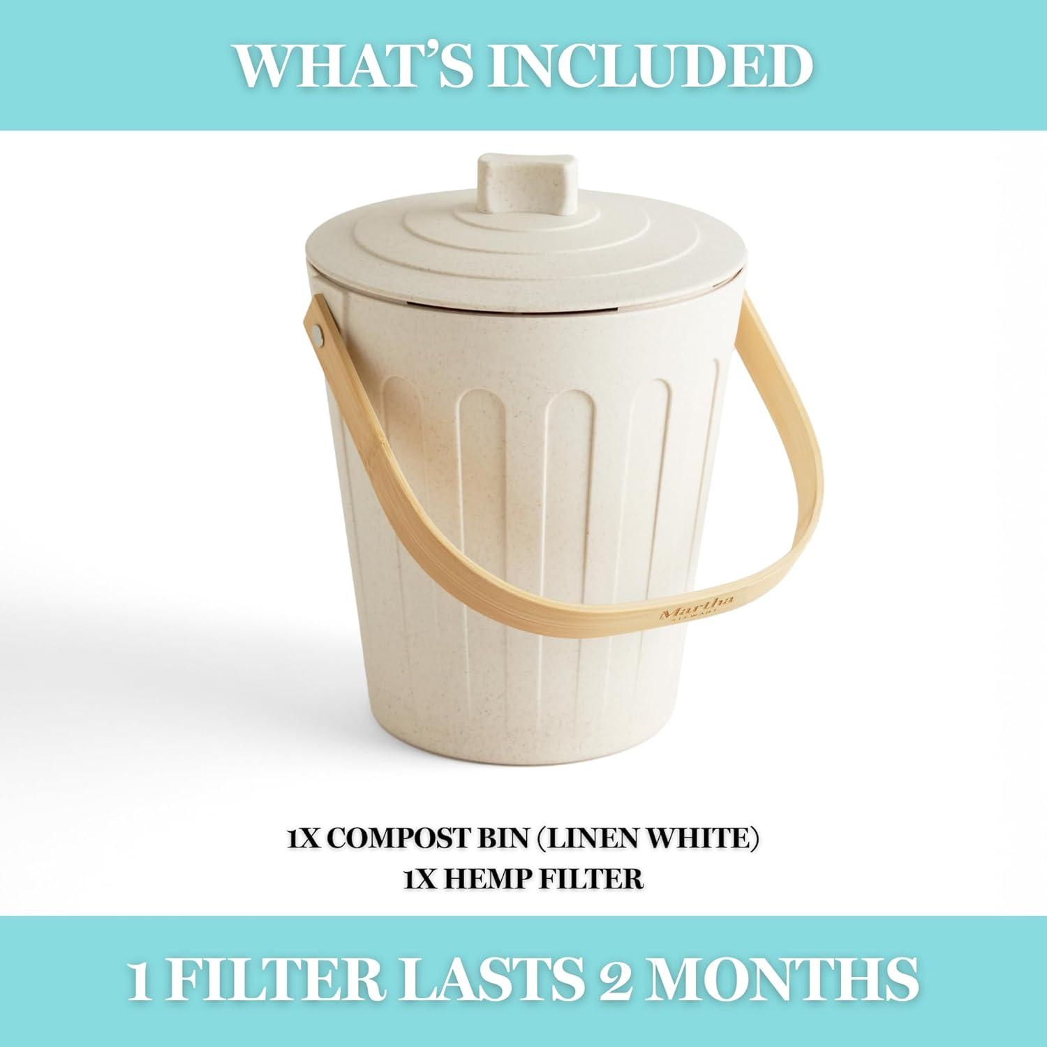 imageMartha Stewart Indoor Compost Bin Countertop Composting Bucket for Kitchen 7 Gallon Capacity Includes Filter Plant Based Materials Light BlueLinen White
