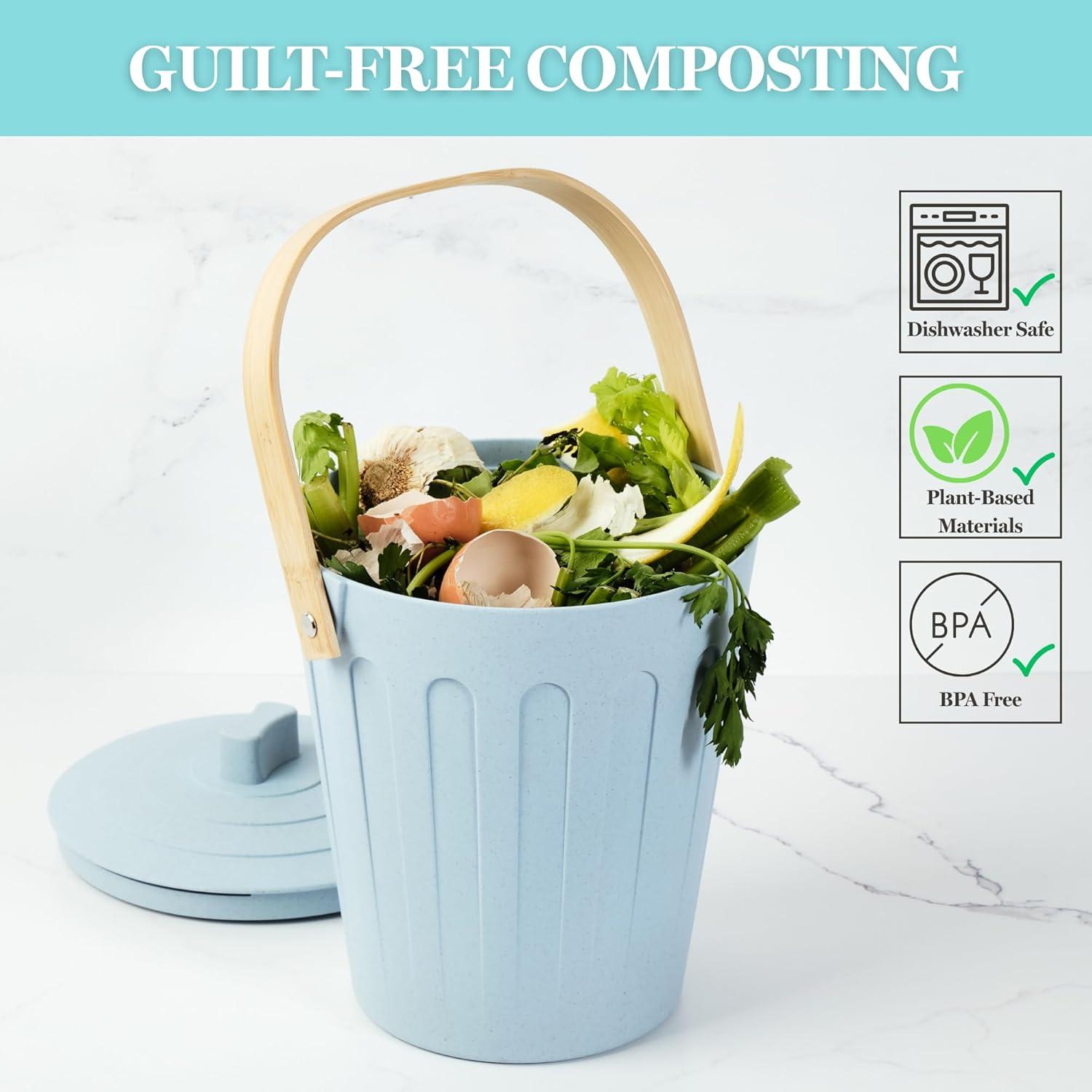 imageMartha Stewart Indoor Compost Bin Countertop Composting Bucket for Kitchen 7 Gallon Capacity Includes Filter Plant Based Materials Light BlueLinen White