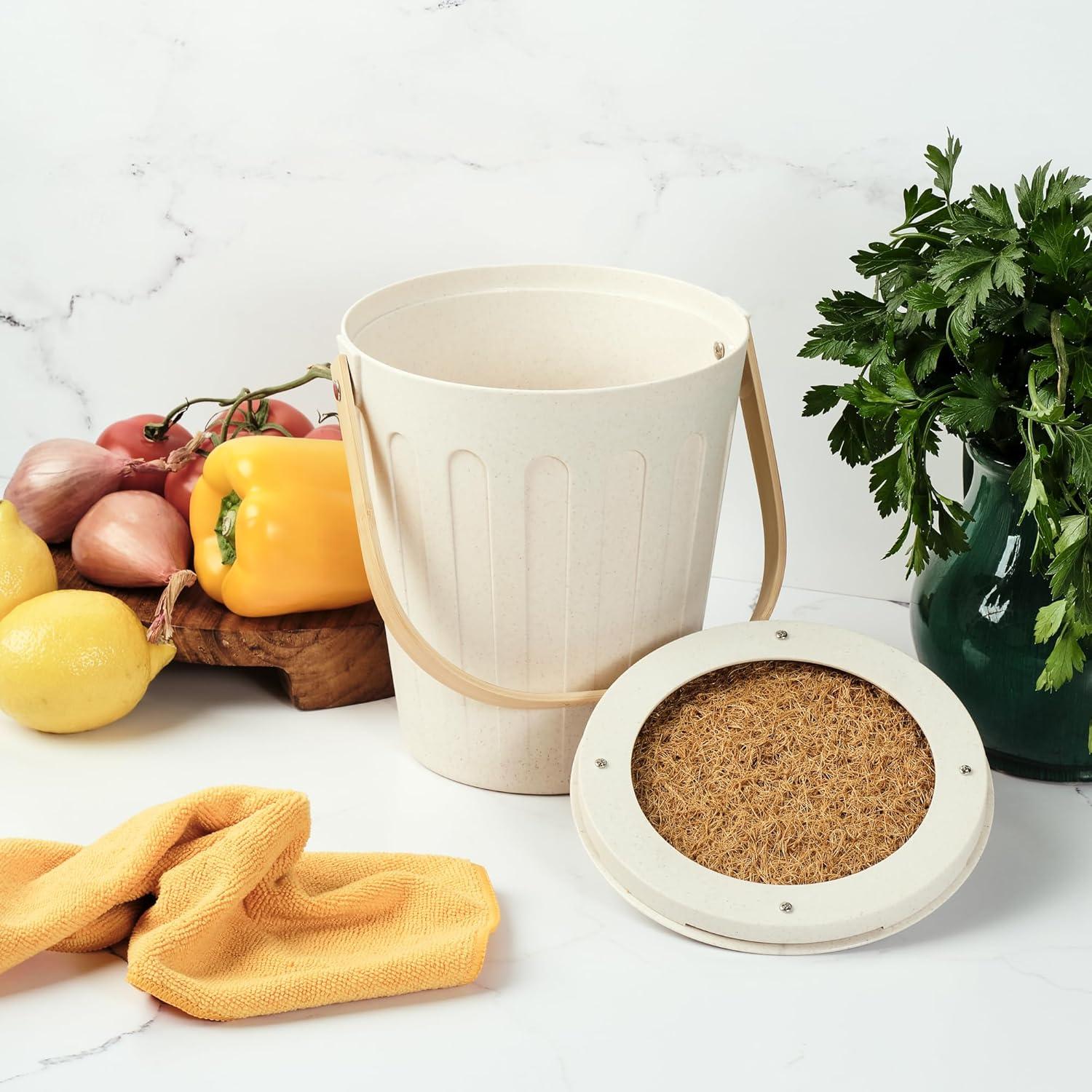 imageMartha Stewart Indoor Compost Bin Countertop Composting Bucket for Kitchen 7 Gallon Capacity Includes Filter Plant Based Materials Light BlueLinen White