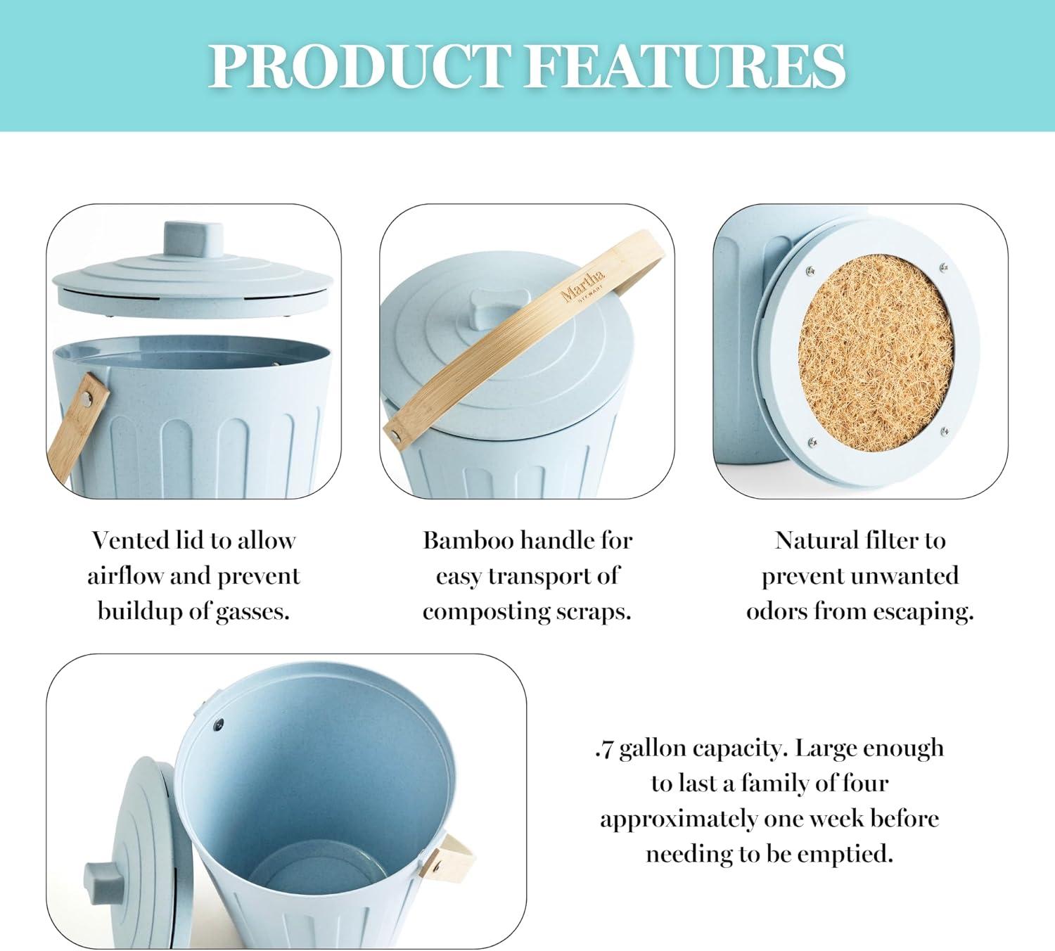 imageMartha Stewart Indoor Compost Bin Countertop Composting Bucket for Kitchen 7 Gallon Capacity Includes Filter Plant Based Materials Light BlueLinen White