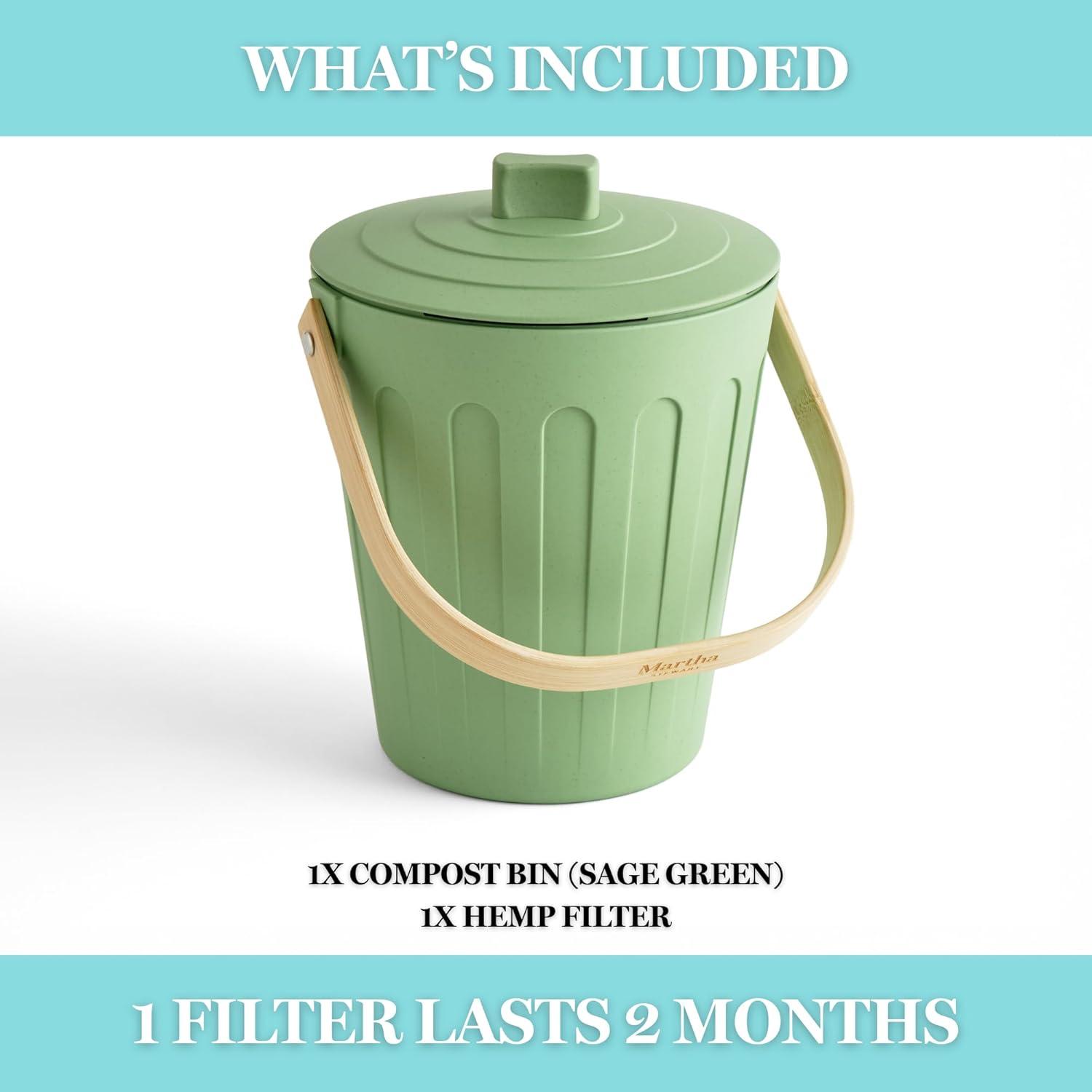 imageMartha Stewart Indoor Compost Bin Countertop Composting Bucket for Kitchen 7 Gallon Capacity Includes Filter Plant Based Materials Light BlueSage Green