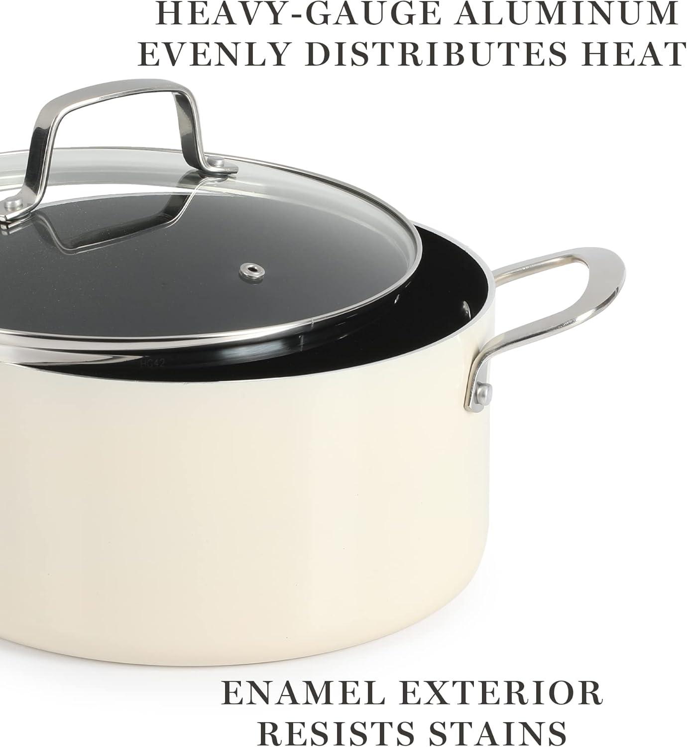 imageMartha Stewart Lockton Premium Nonstick 10 Piece Enamel Heavy Gauge Aluminum Pots and Pans Cookware Set Linen WhiteLinen