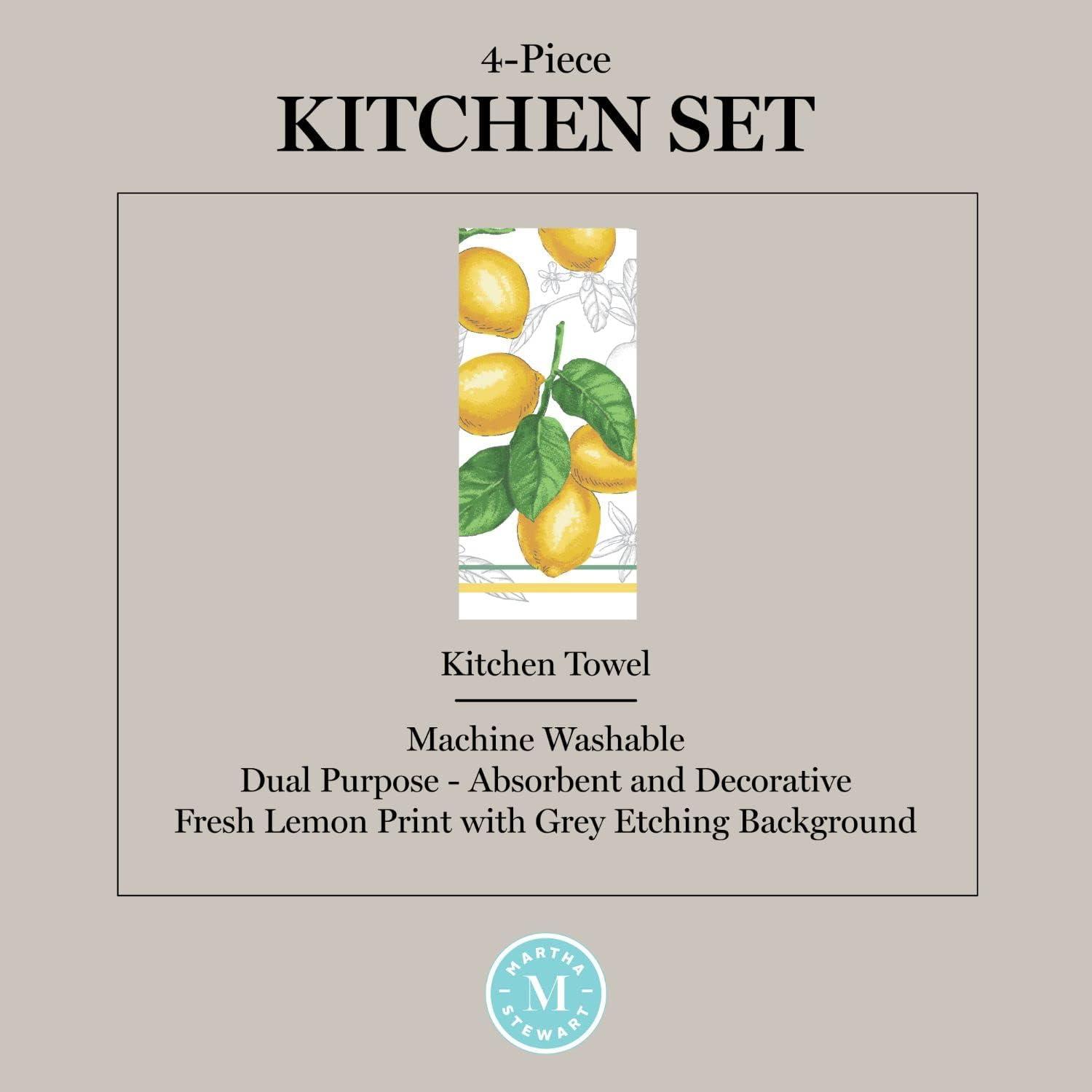 imageMartha Stewart Lots of Lemons Modern Kitchen Towel Oven Mitt amp Potholder Set 4Pack WhiteYellow