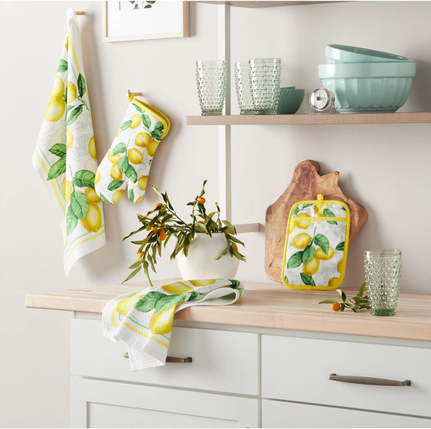 imageMartha Stewart Lots of Lemons Modern Kitchen Towel Oven Mitt amp Potholder Set 4Pack WhiteYellow
