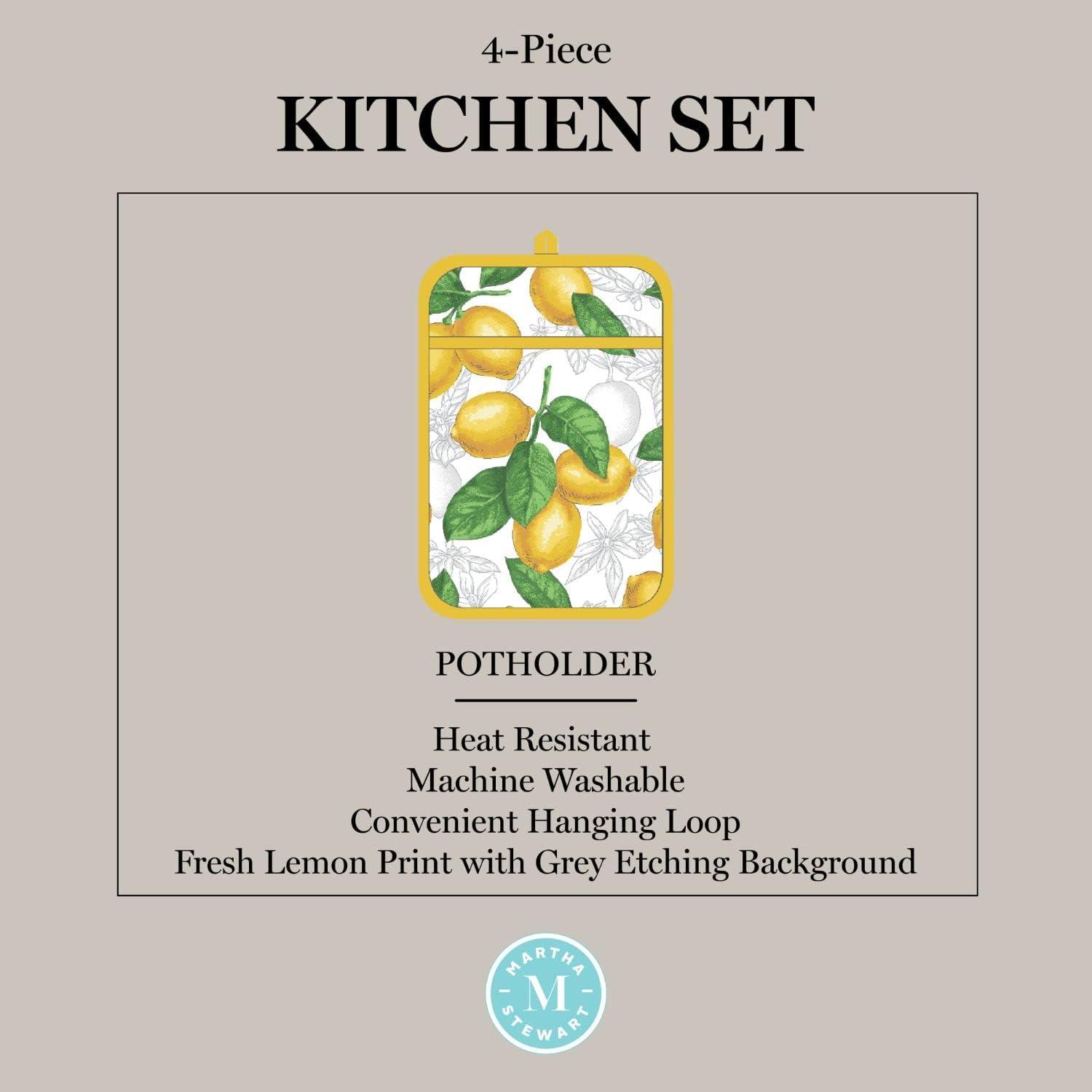 imageMartha Stewart Lots of Lemons Modern Kitchen Towel Oven Mitt amp Potholder Set 4Pack WhiteYellow