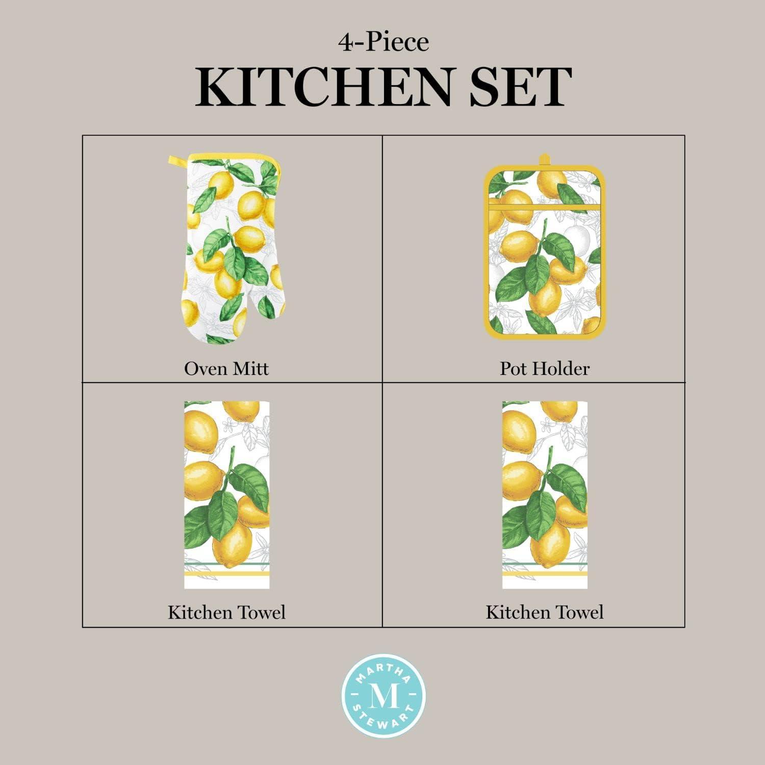 imageMartha Stewart Lots of Lemons Modern Kitchen Towel Oven Mitt amp Potholder Set 4Pack WhiteYellow