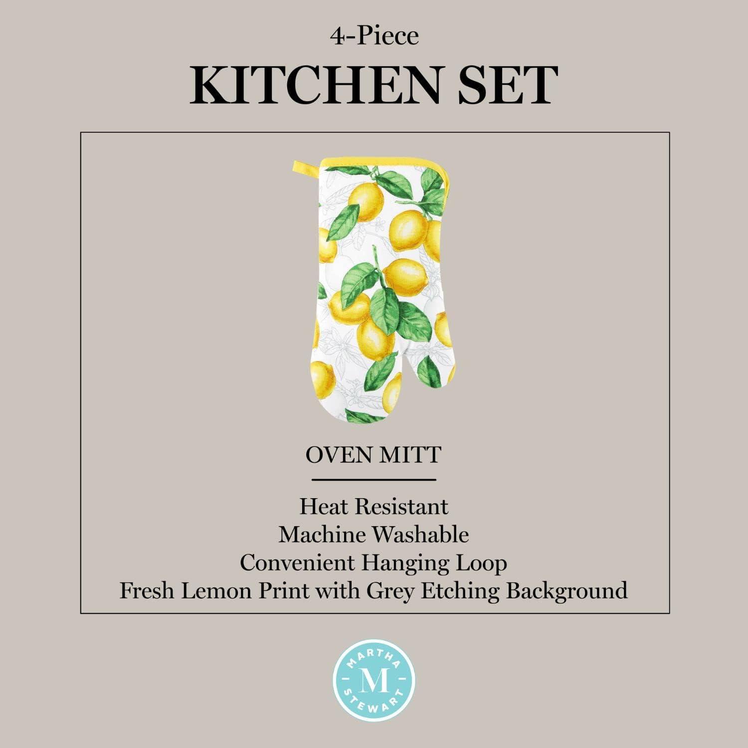 imageMartha Stewart Lots of Lemons Modern Kitchen Towel Oven Mitt amp Potholder Set 4Pack WhiteYellow