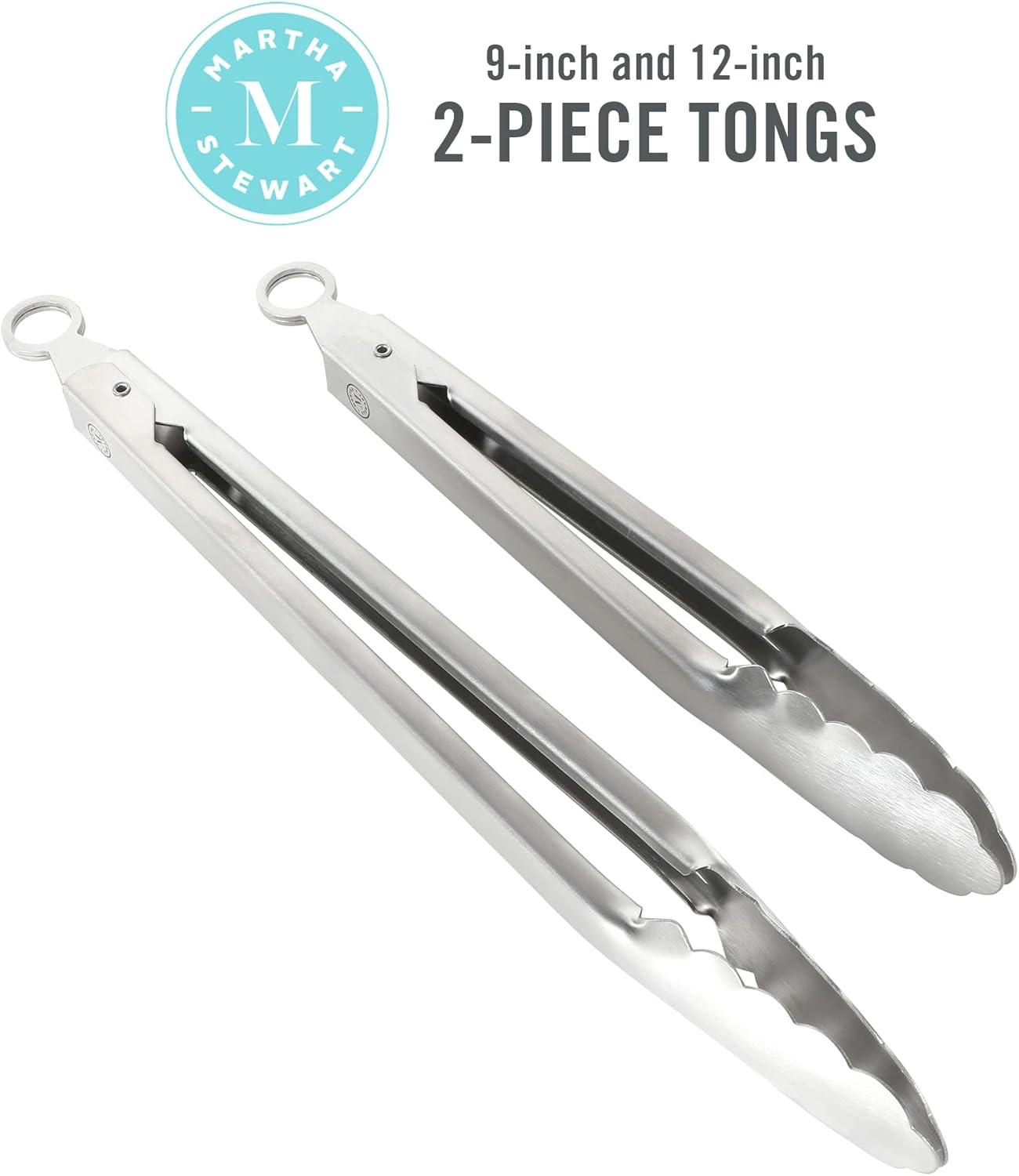 imageMartha Stewart Richburn 2Piece Stainless Steel Tongs Set 12Inch and 9Inch Kitchen Tongs for Grilling Serving and CookingTong Set 12 and 9